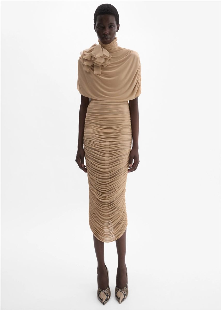 Draped cape-effect midi dress in beige-MAGDA BUTRYM-Verso