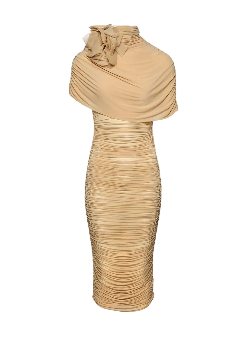 Draped cape-effect midi dress in beige-MAGDA BUTRYM-Verso