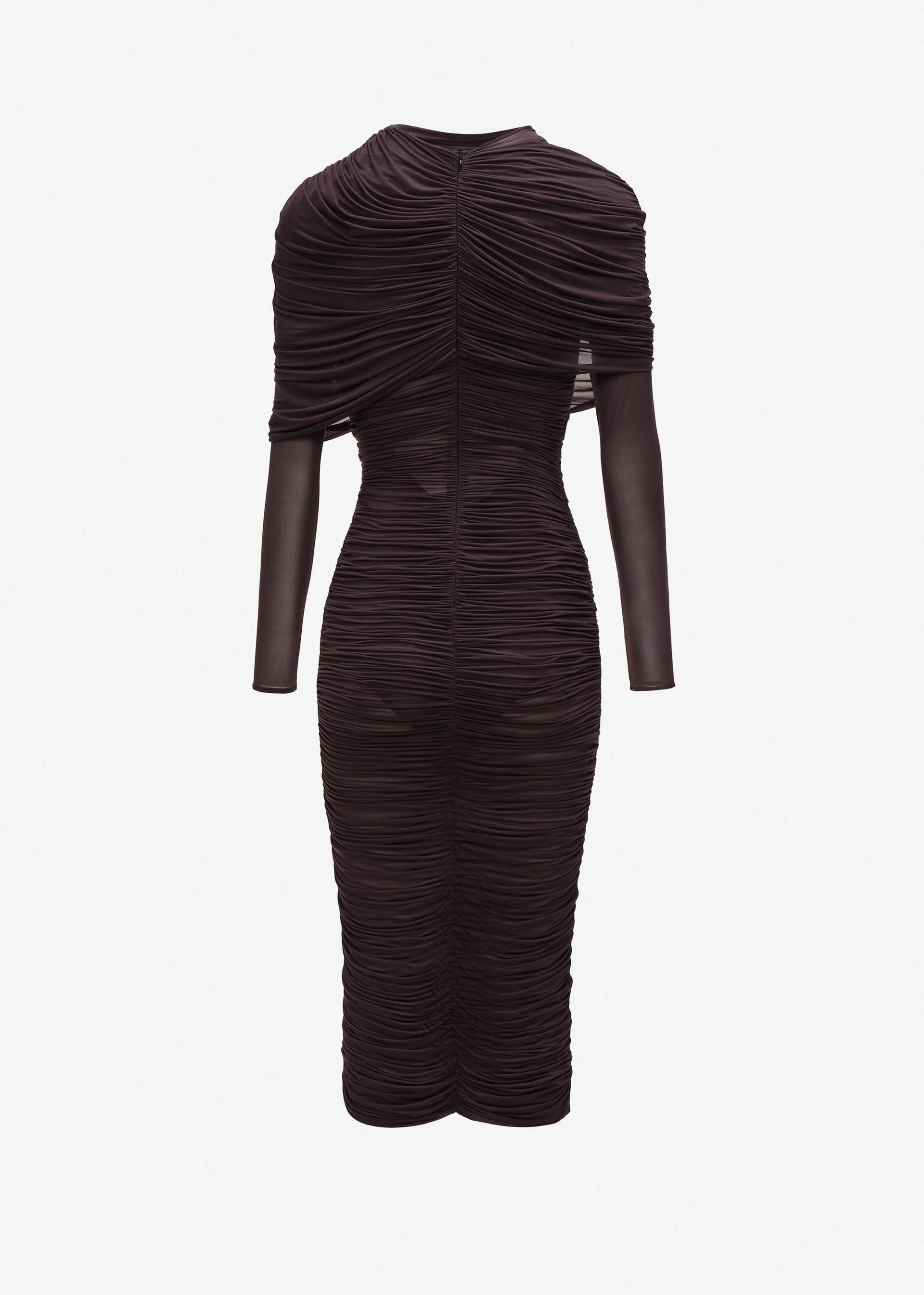 Draped cape midi dress in burgundy