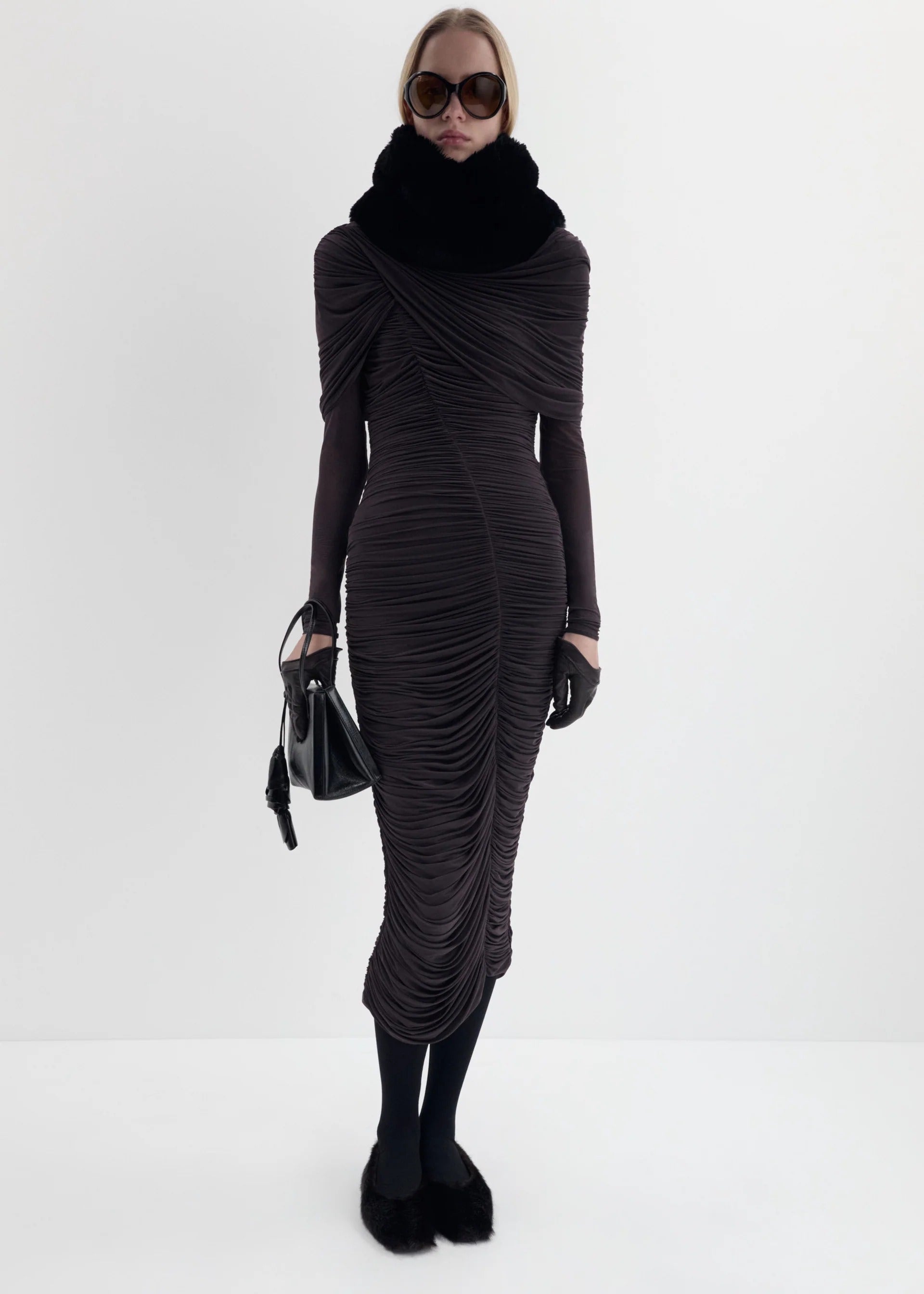 Draped cape midi dress in burgundy
