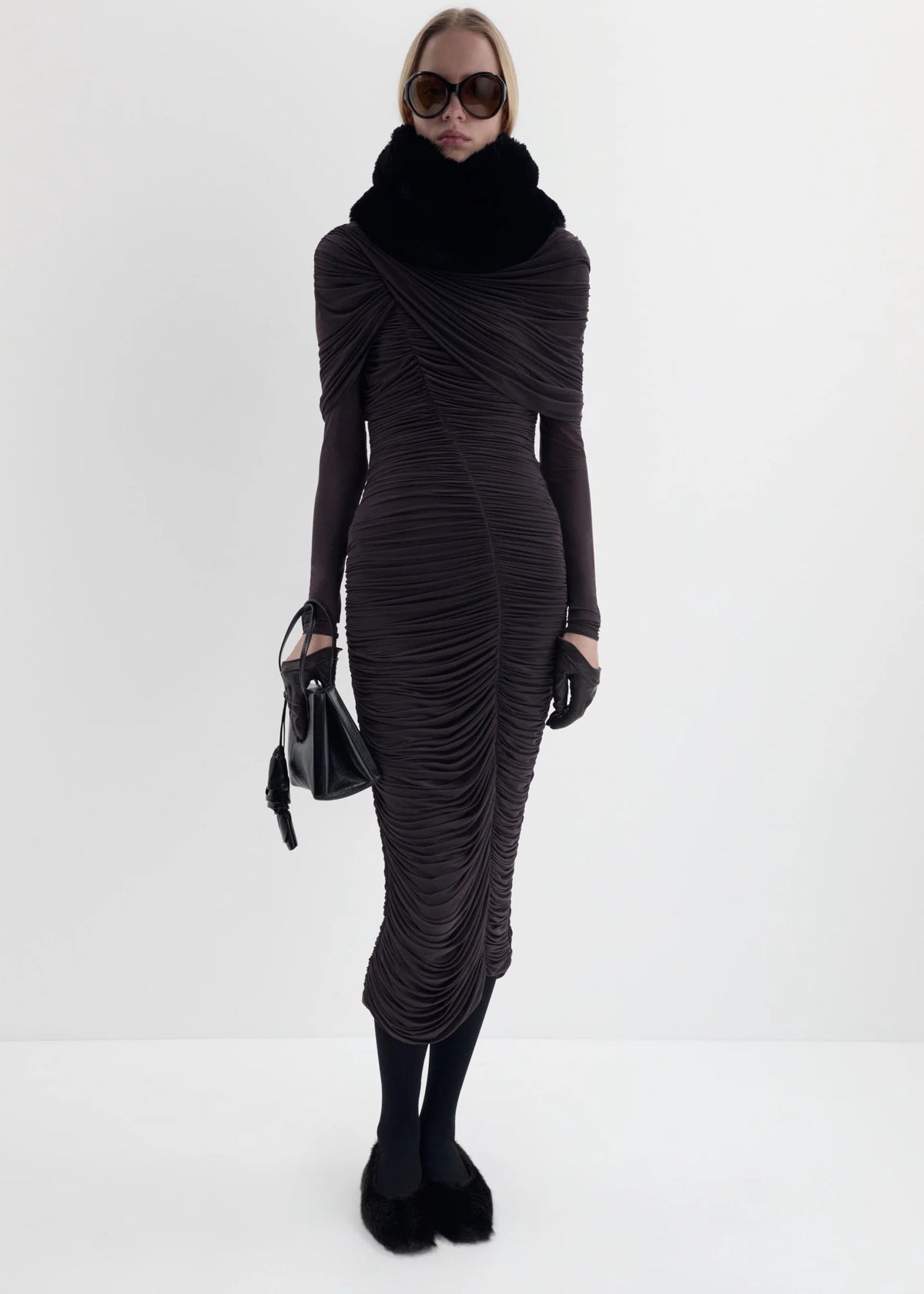 Draped Cape Midi Dress in Burgundy-MAGDA BUTRYM-Verso
