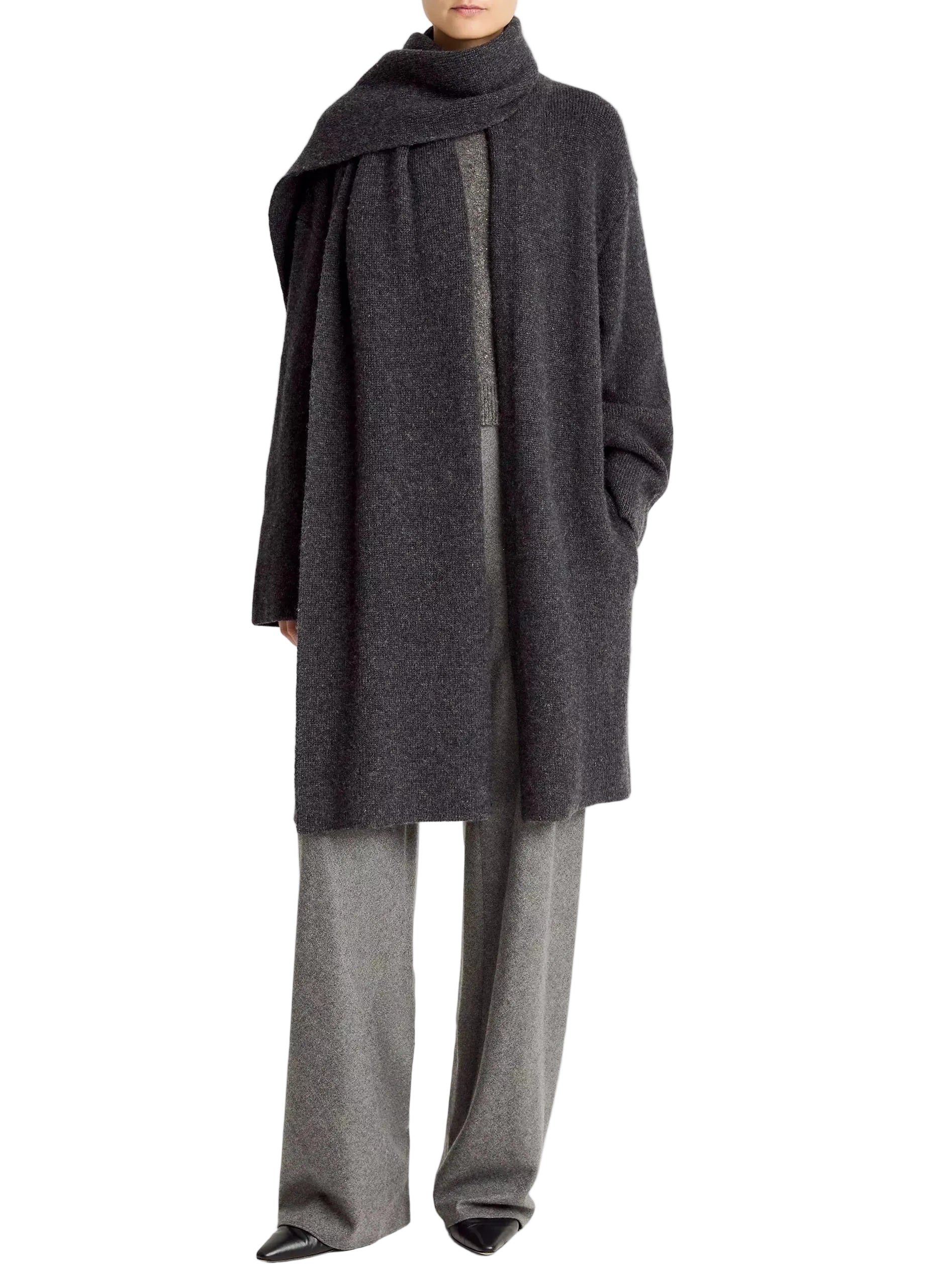 Draped-scarf wool-blend car coat