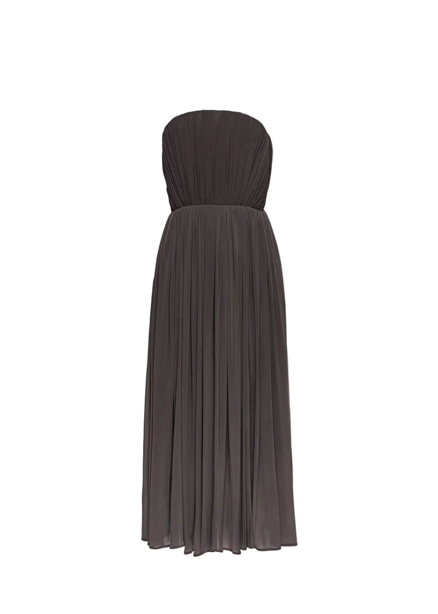 Strapless pleated corset dress in brown