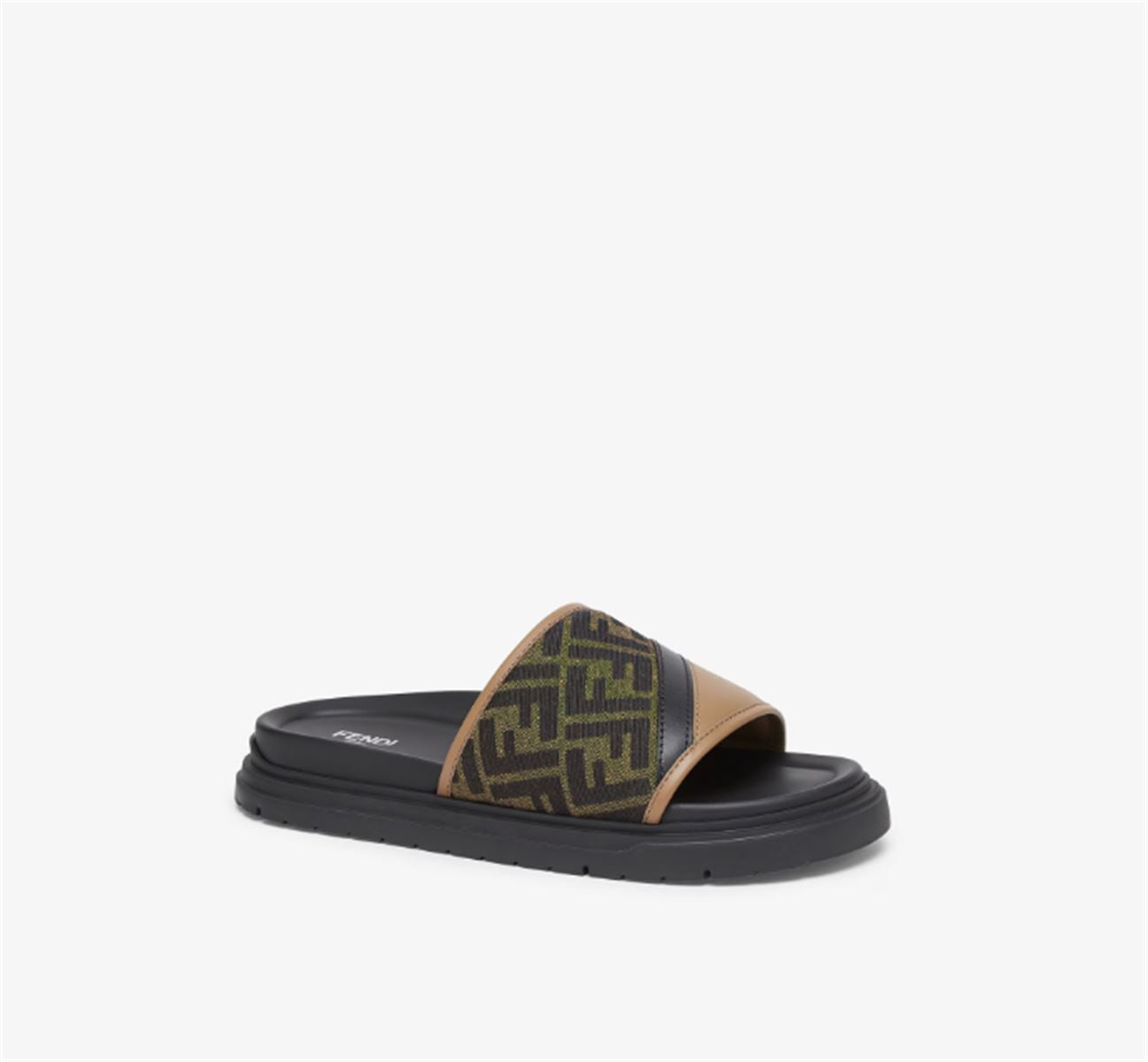 BROWN FF JACQUARD AND BEIGE LEATHER SLIDES -  FENDI -  Verso