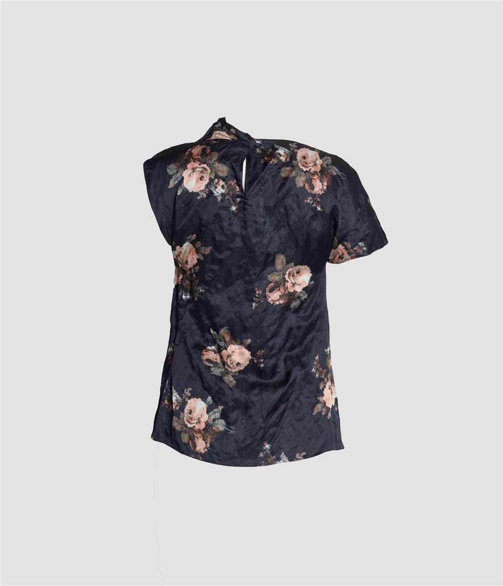 Floral crushed satin short sleeve draped top-ERDEM-Verso