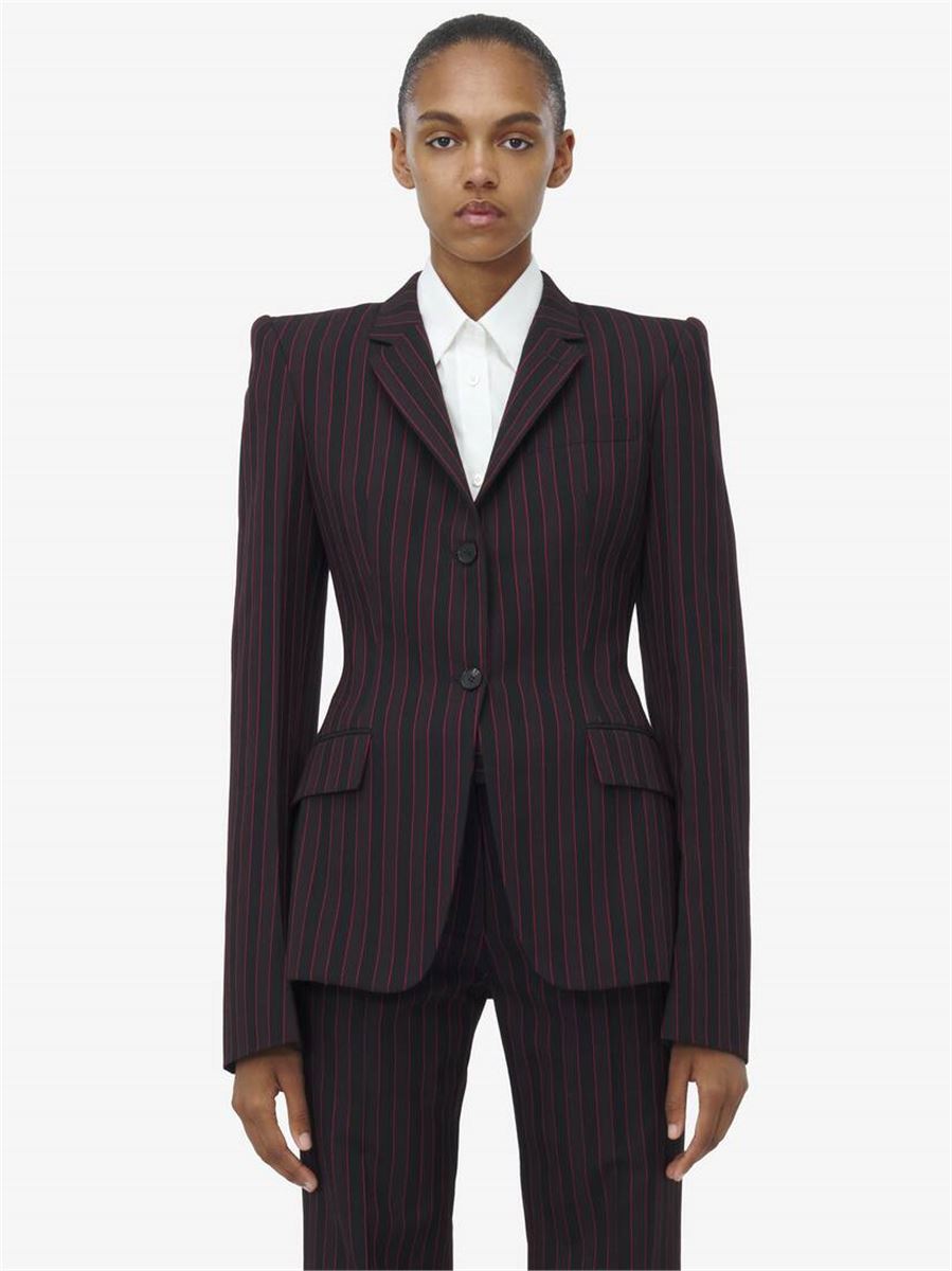 WOMEN'S PINSTRIPE SINGLE-BREASTED JACKET IN BLACK BURGUNDY - A. MCQUEEN - Verso
