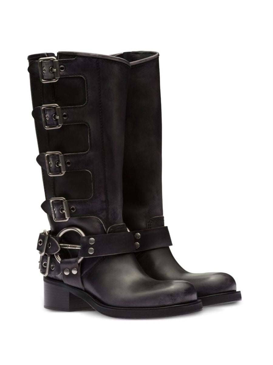 BUCKLE-DETAIL LEATHER BOOTS MIU MIU