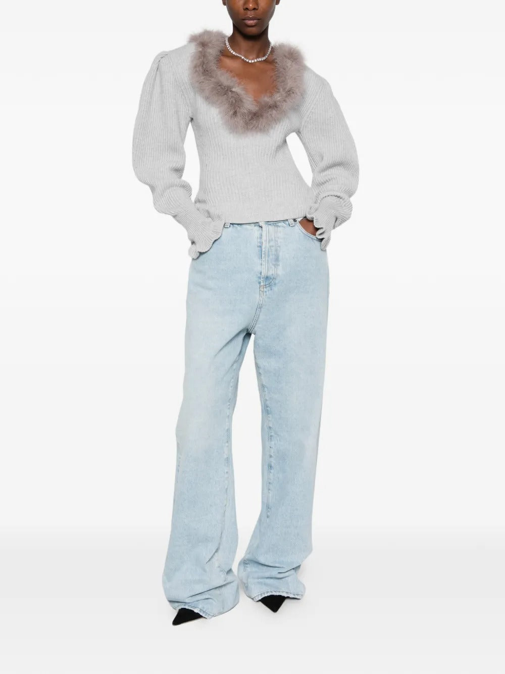 Feather-trim puff-sleeve sweater-BLUMARINE-Verso