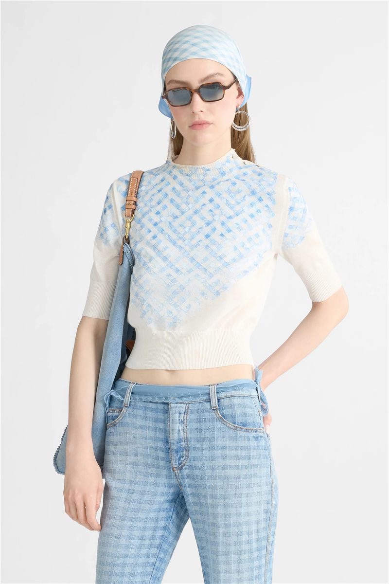 Filo di scozia cotton t-shirt with faded micro vichy embroidery-ERMANNO SCERVINO-Verso