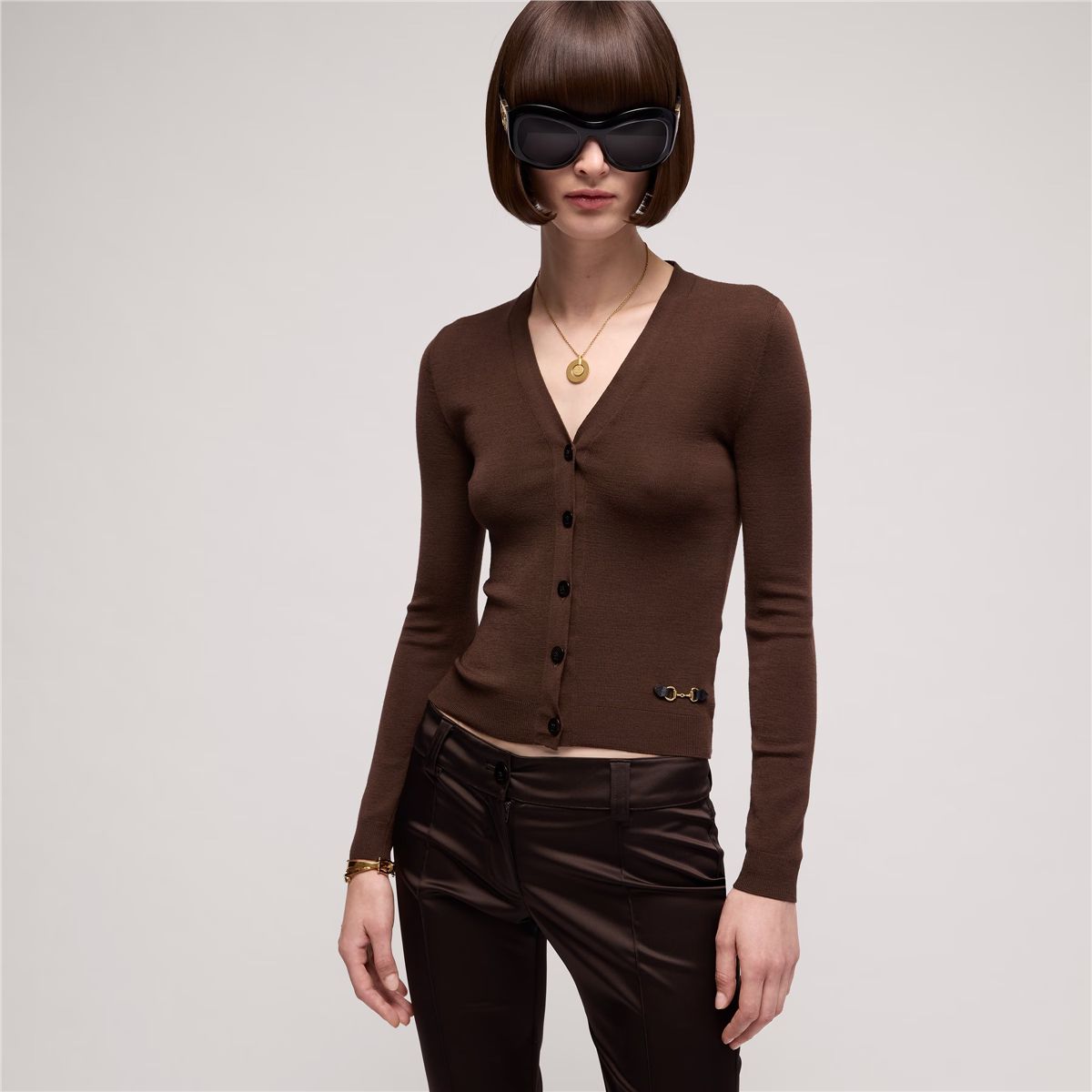 Fine Rib Knit Wool Cardigan with Horsebit-GUCCI-Verso