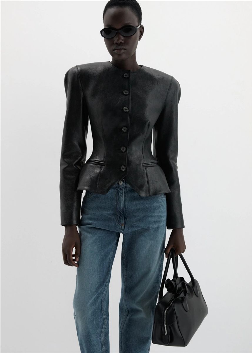 Fitted leather peplum jacket in black-MAGDA BUTRYM-Verso
