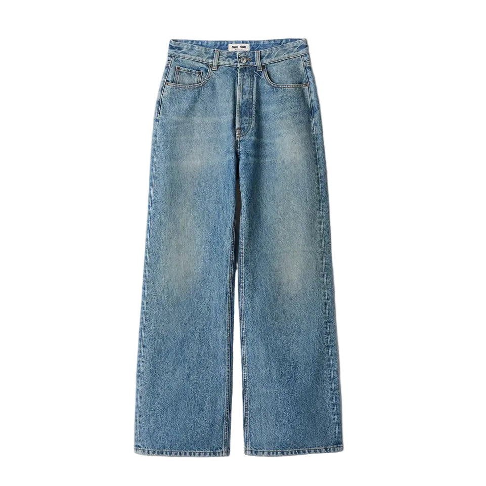 Five-pocket washed denim jeans-MIU MIU-312059-25-Verso
