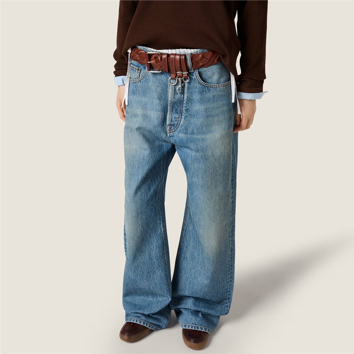 Five-pocket washed denim jeans-MIU MIU-Verso