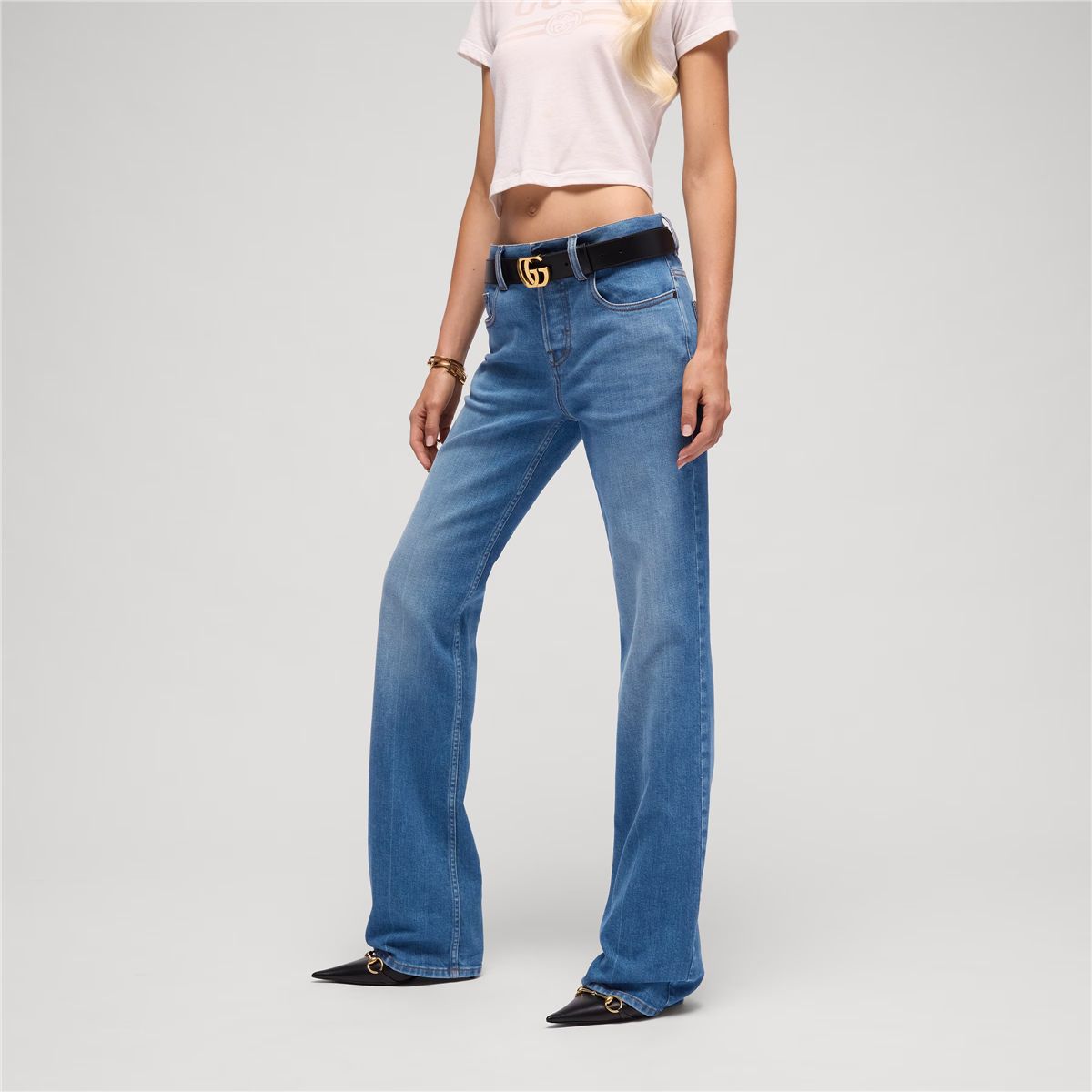 Flared stretch cotton denim pants-GUCCI-Verso