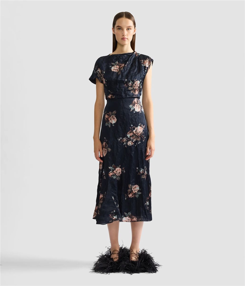 Floral crushed satin draped midi skirt-ERDEM-Verso