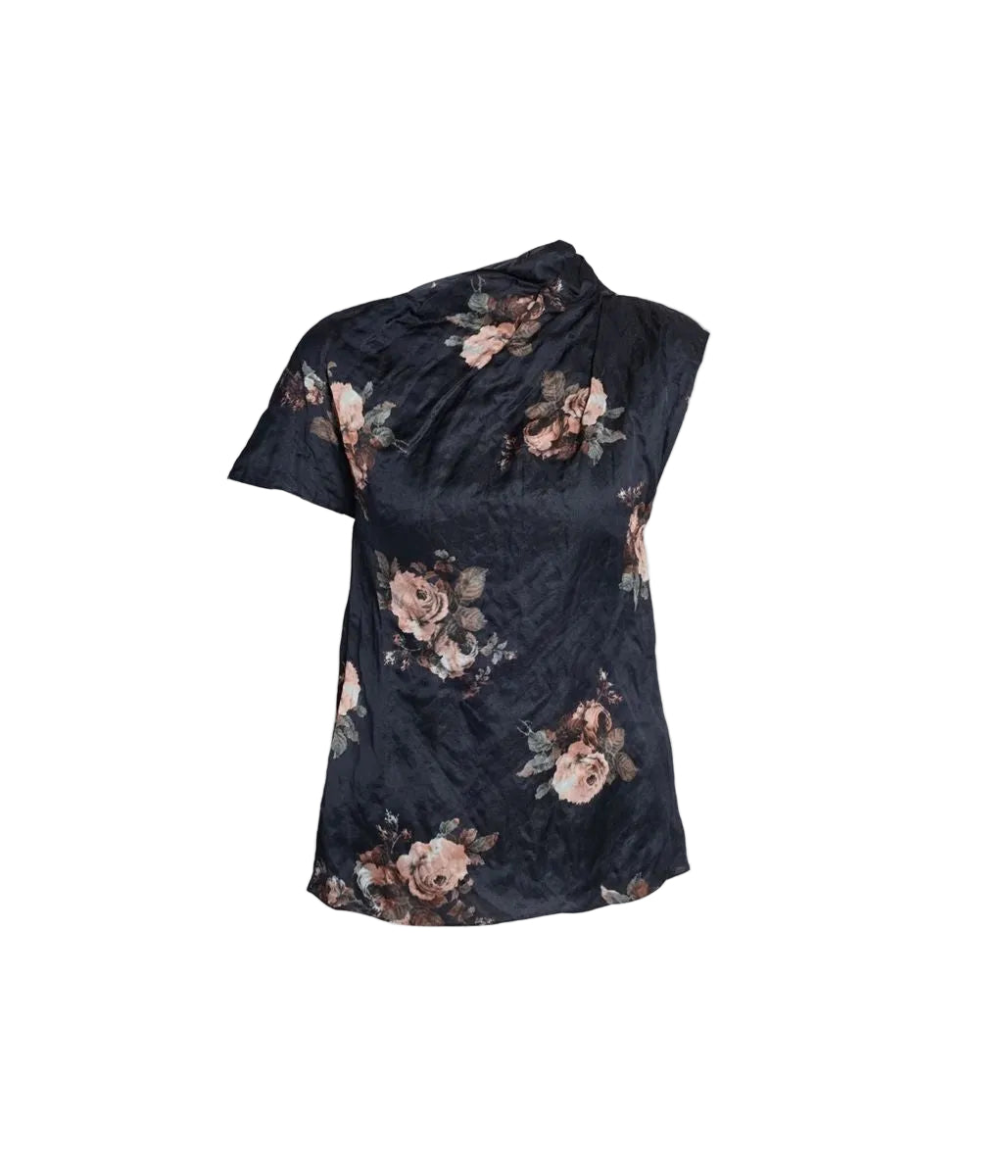 Floral crushed satin short sleeve draped top-ERDEM-316218-8-Verso