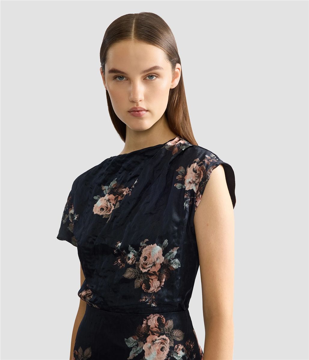 Floral crushed satin short sleeve draped top-ERDEM-Verso