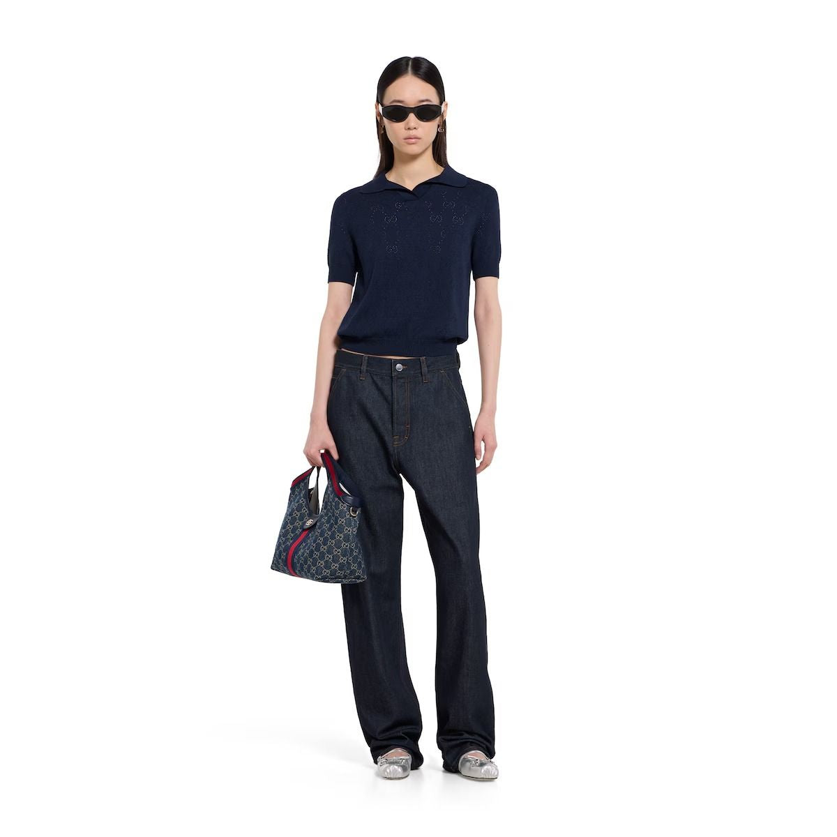 Gg pointelle cotton silk polo shirt-GUCCI-Verso