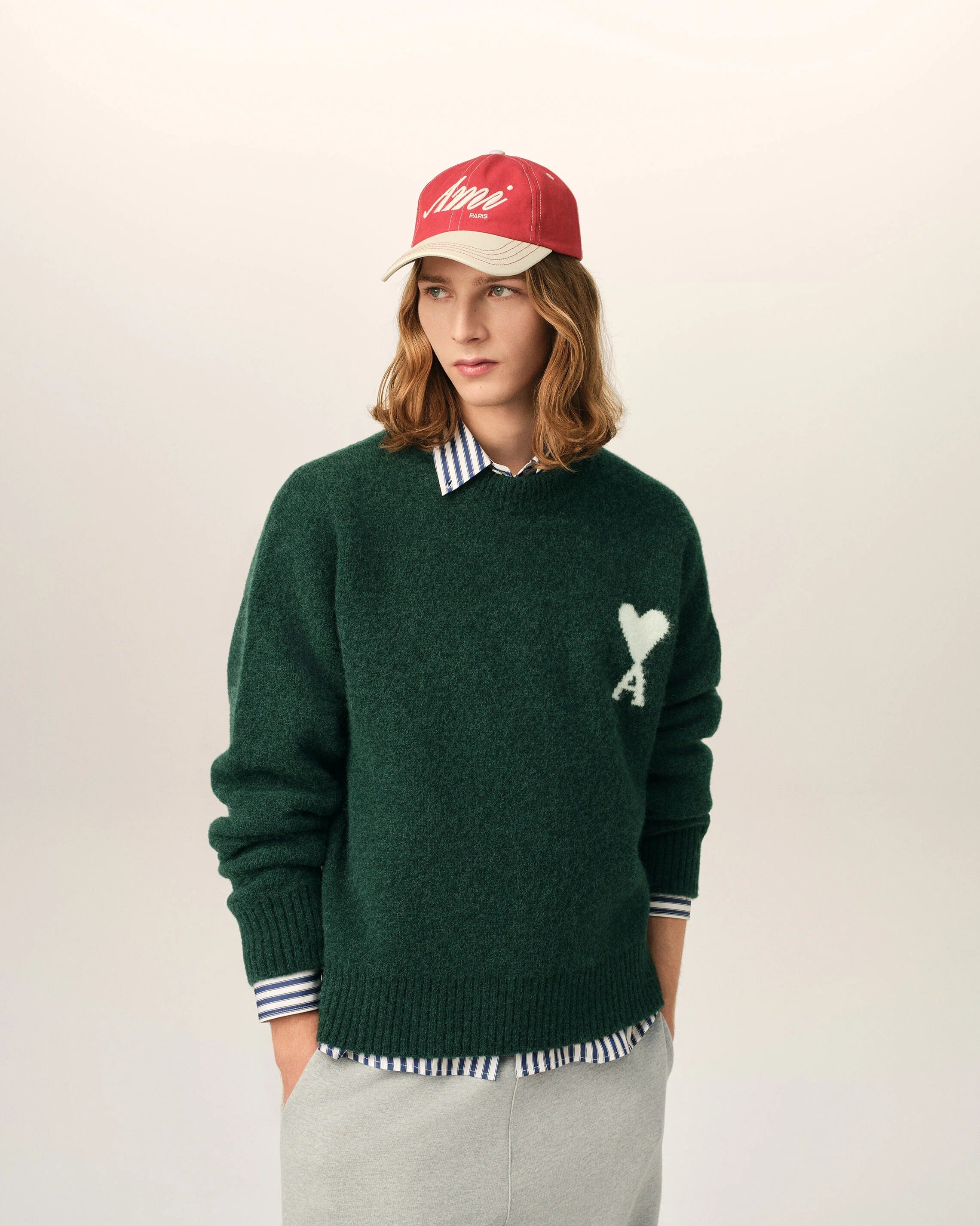 Green crewneck alpaca sweater with ami de coeur-AMI-Verso
