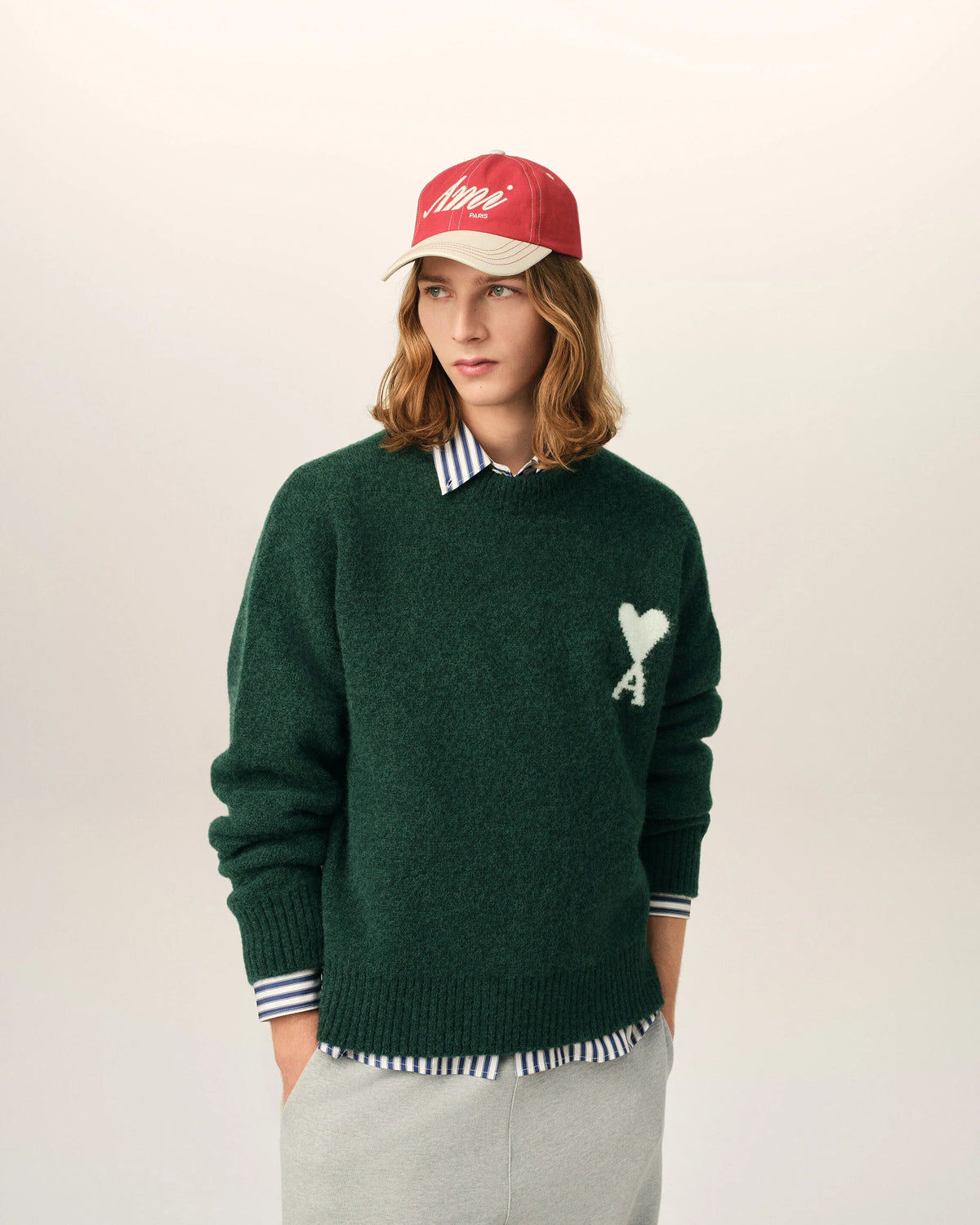 Green crewneck alpaca sweater with ami de coeur-AMI-Verso