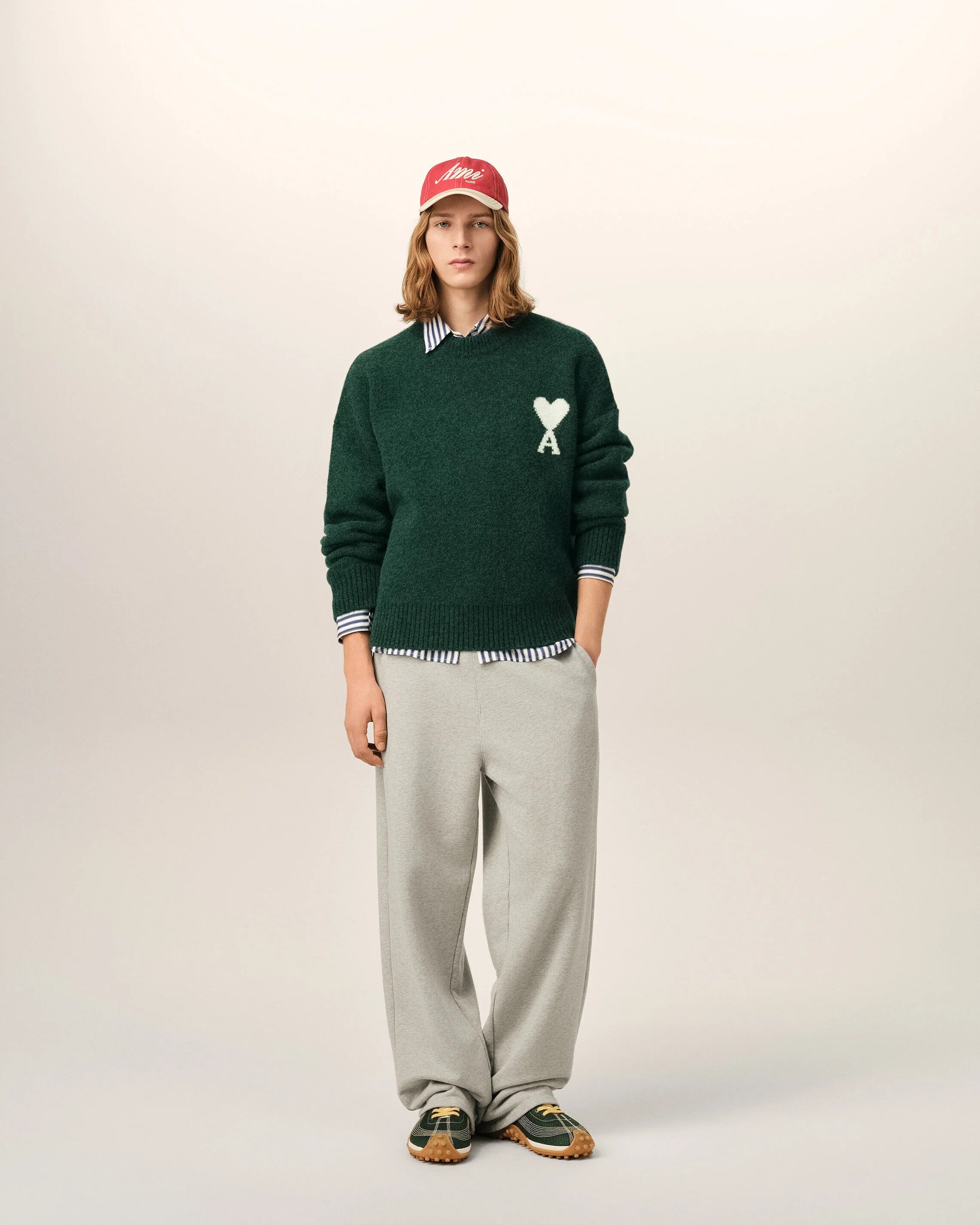 Green crewneck alpaca sweater with ami de coeur-AMI-Verso