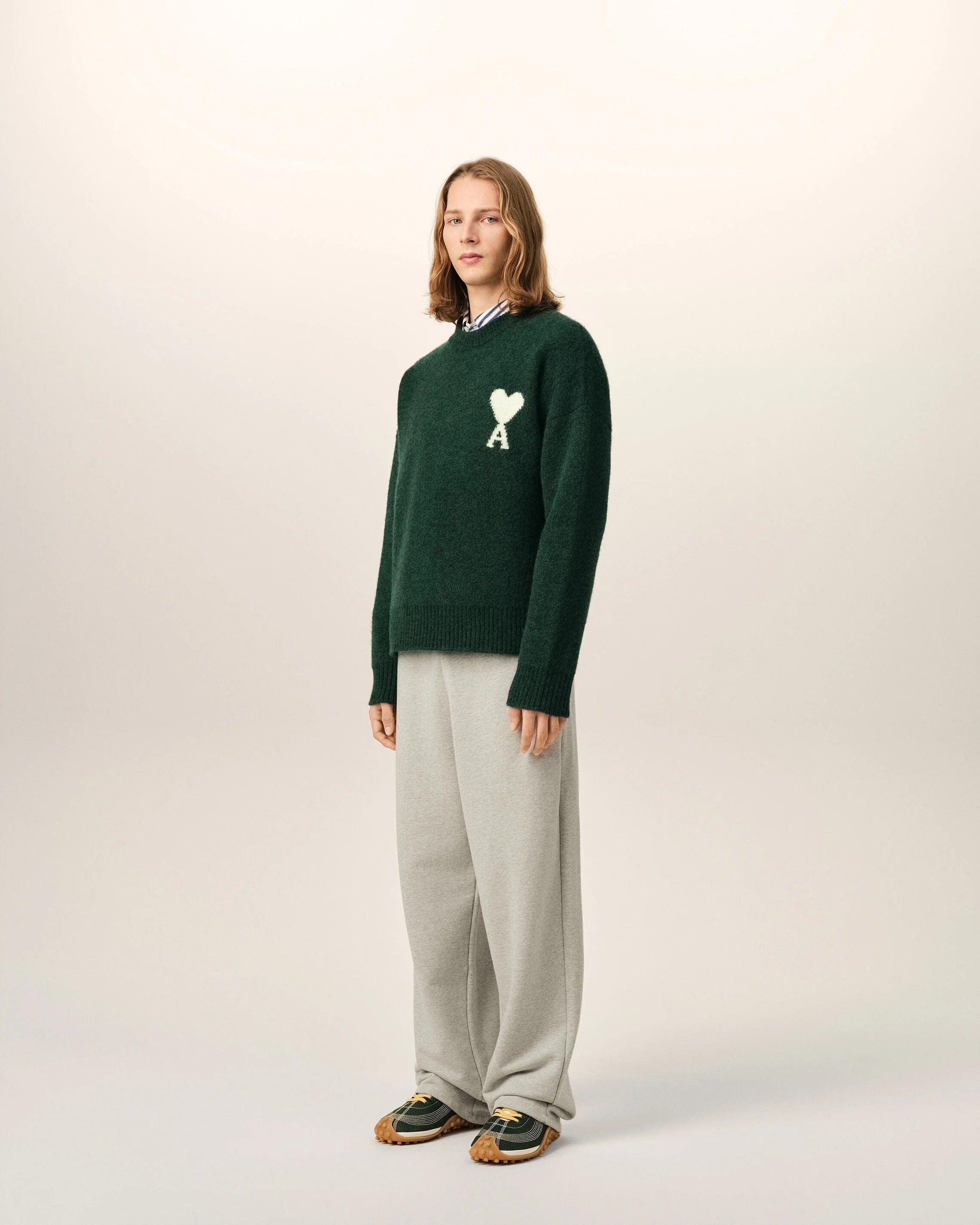 Green crewneck alpaca sweater with ami de coeur-AMI-Verso