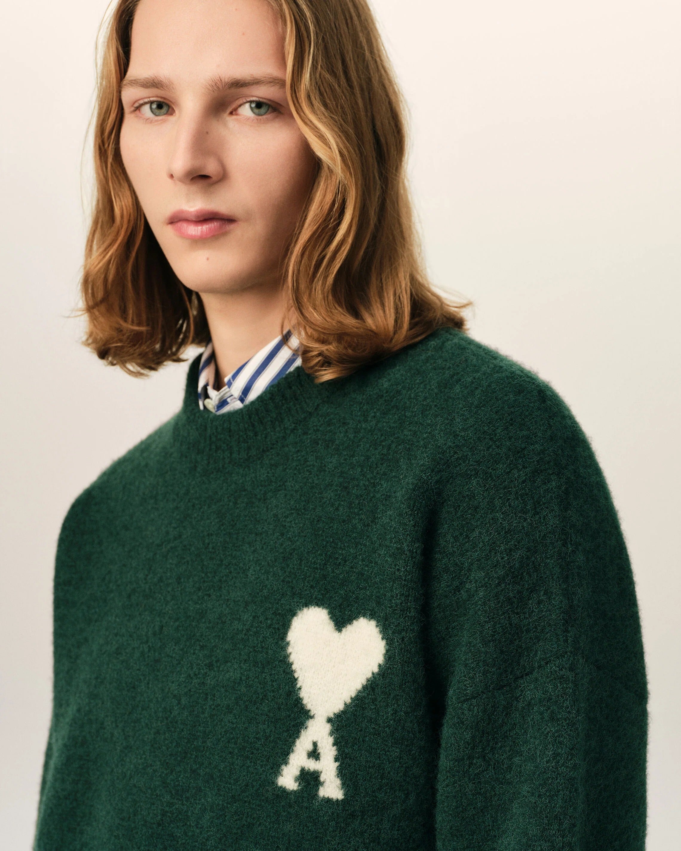 Green crewneck alpaca sweater with ami de coeur-AMI-Verso