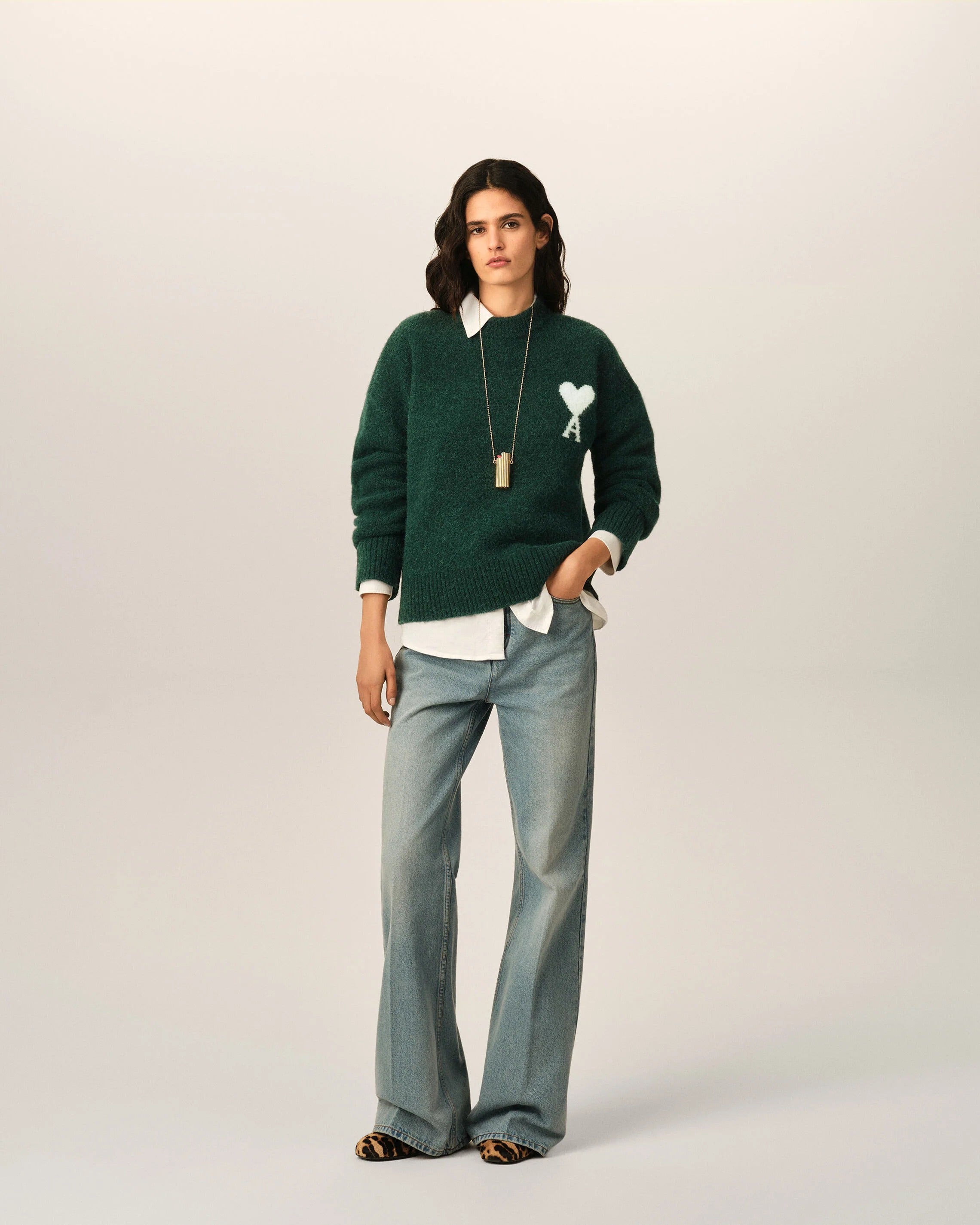 Green crewneck alpaca sweater with ami de coeur-AMI-Verso