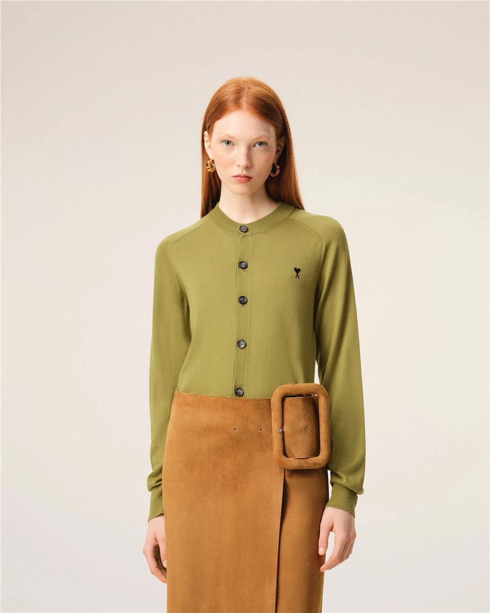 Green wool crewneck ami de coeur cardigan-AMI-Verso