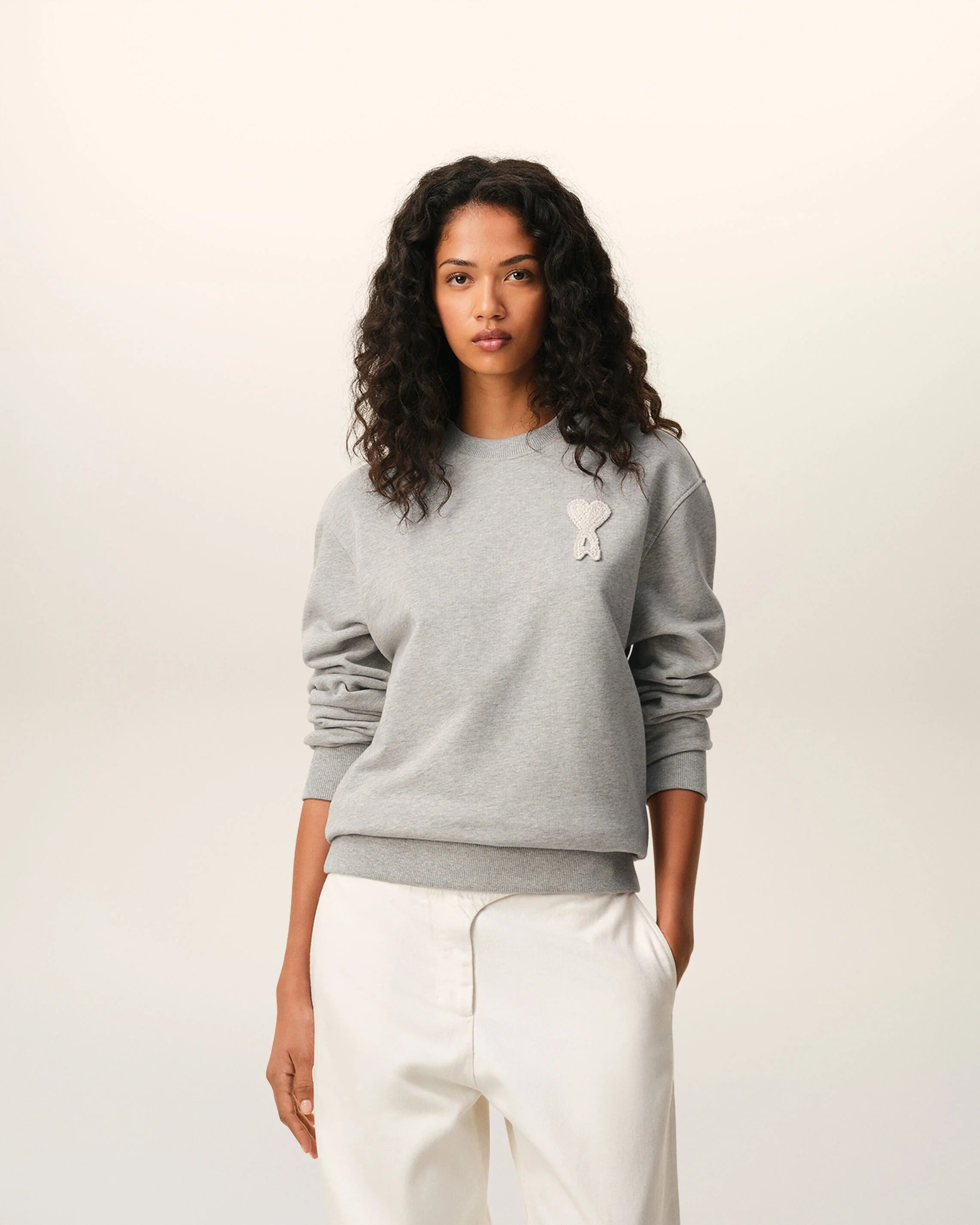 Grey Cotton Knitted Ami De Coeur Sweatshirt-AMI-Verso