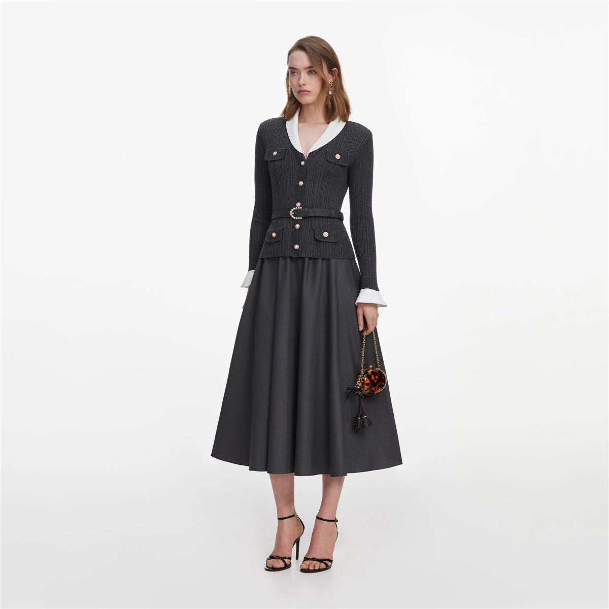 Grey knit twill midi dress-SELF-PORTRAIT-Verso
