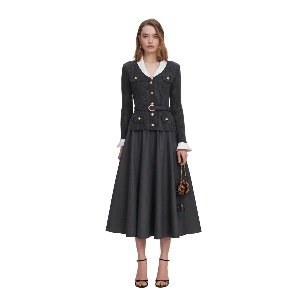 Grey knit twill midi dress-SELF-PORTRAIT-309667-4-Verso