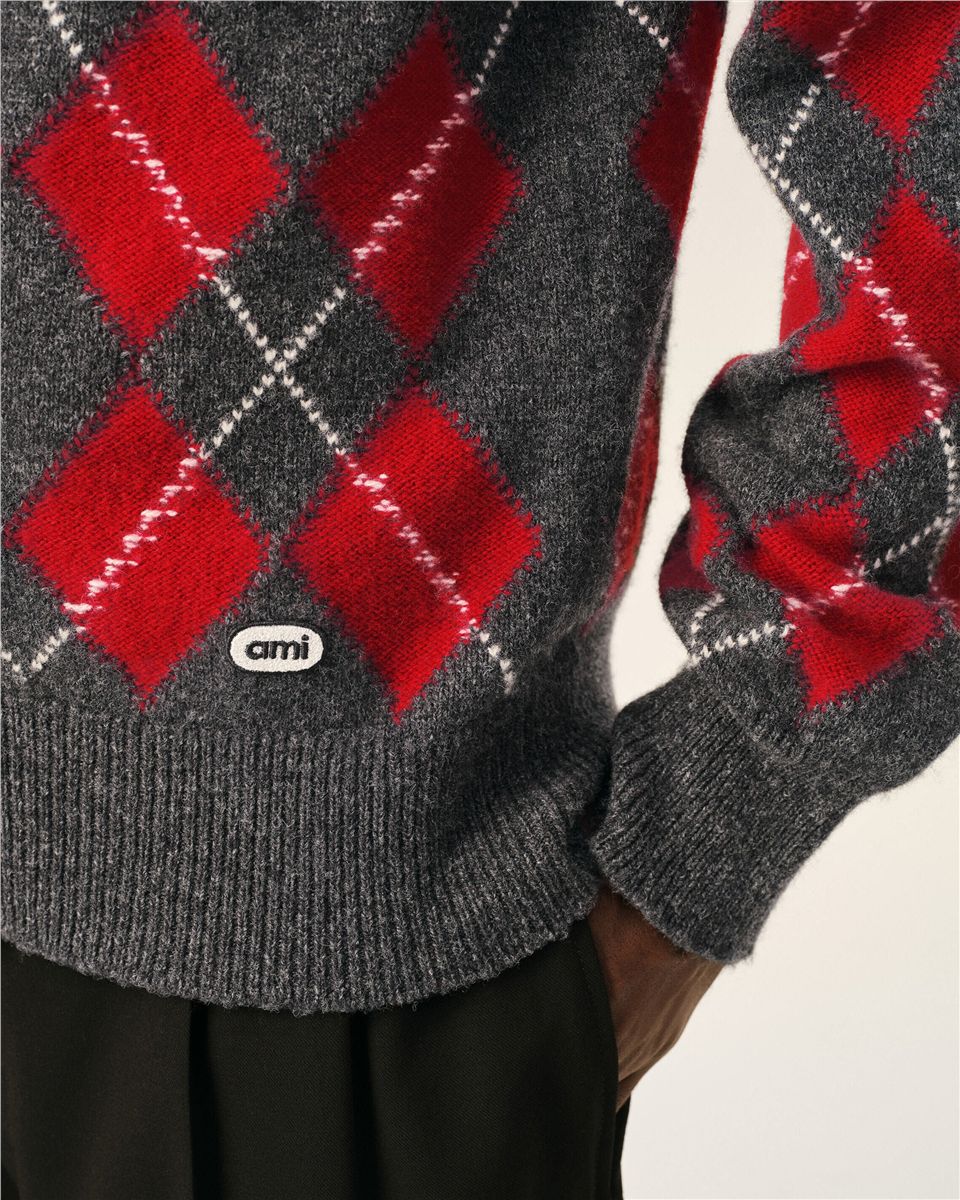 Grey wool cardigan in red argyle-AMI-Verso
