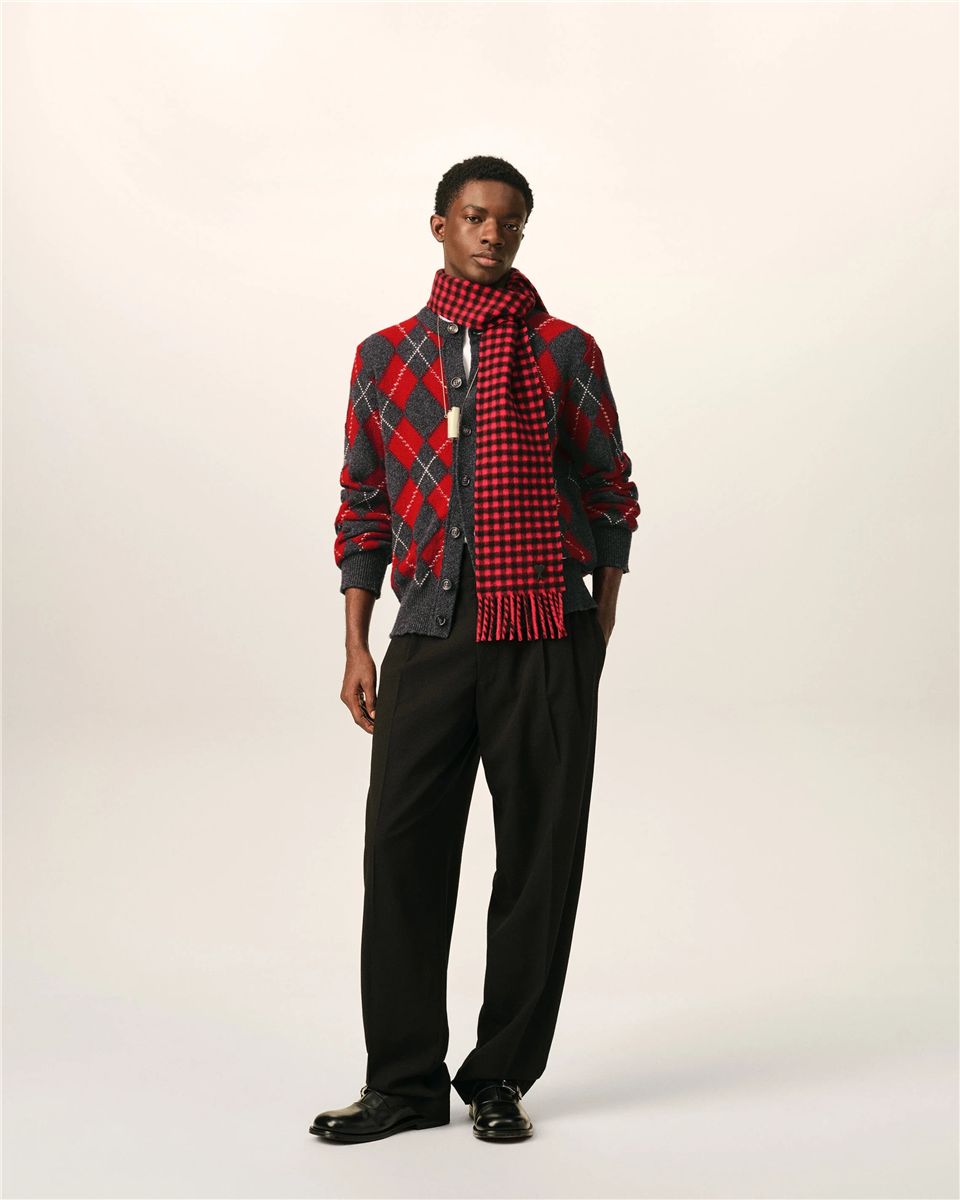 Grey wool cardigan in red argyle-AMI-Verso