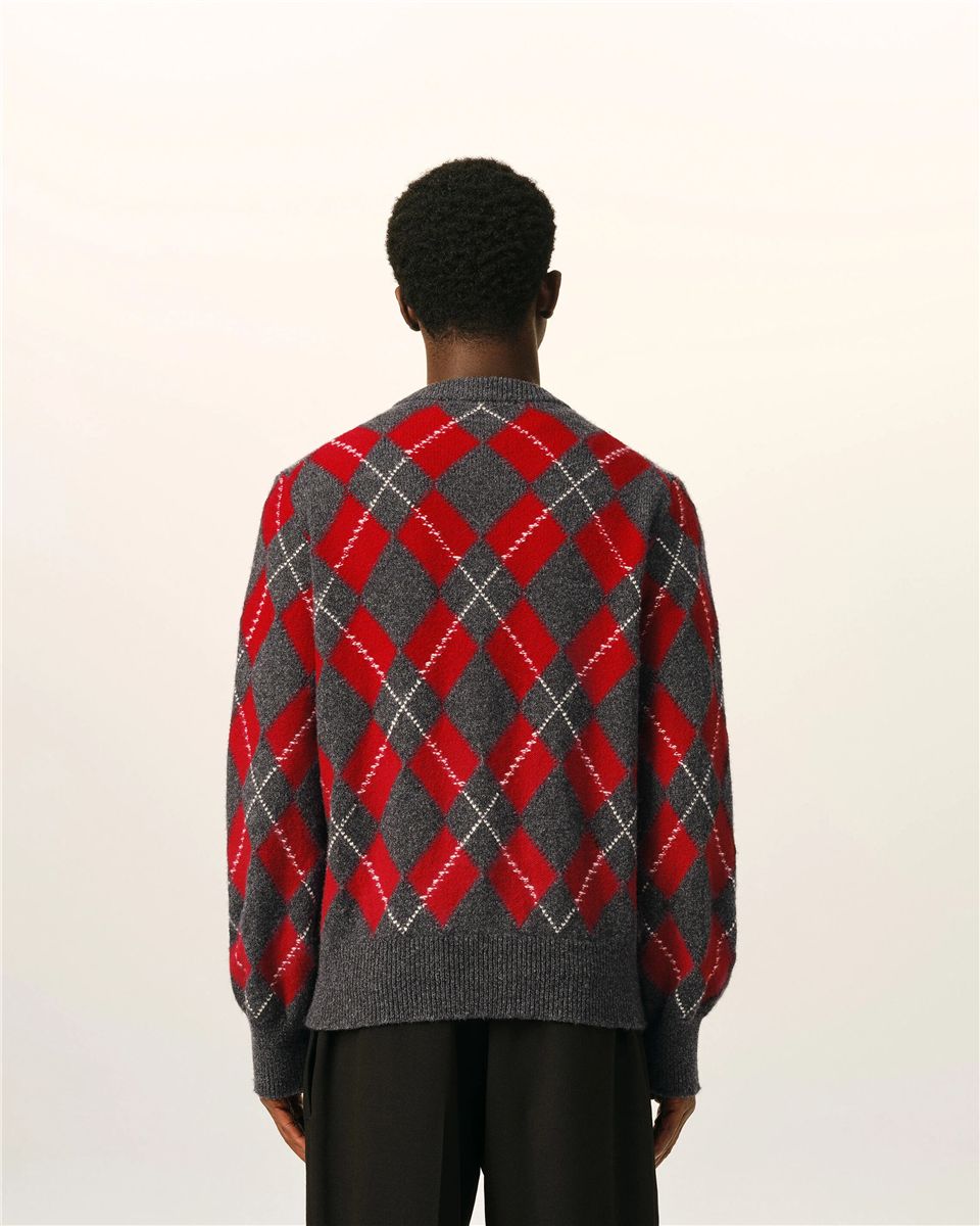 Grey wool cardigan in red argyle-AMI-Verso