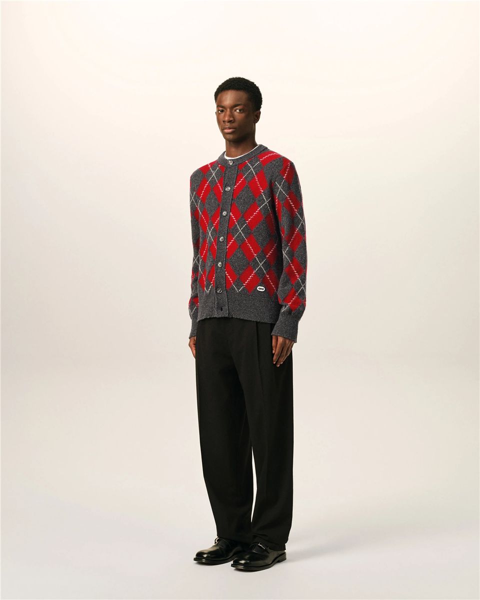 Grey wool cardigan in red argyle-AMI-Verso