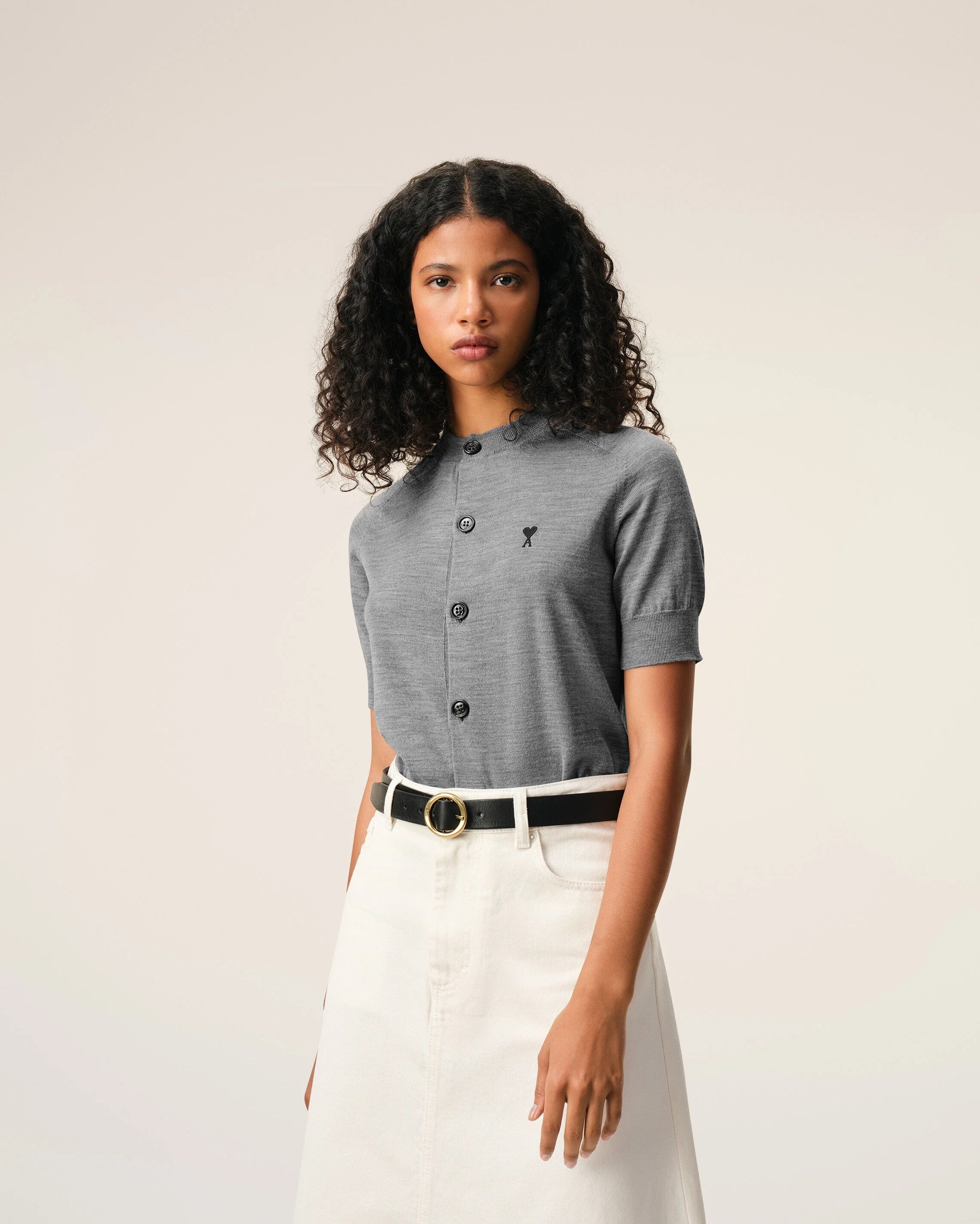 Grey wool short sleeves ami de coeur cardigan-AMI-Verso