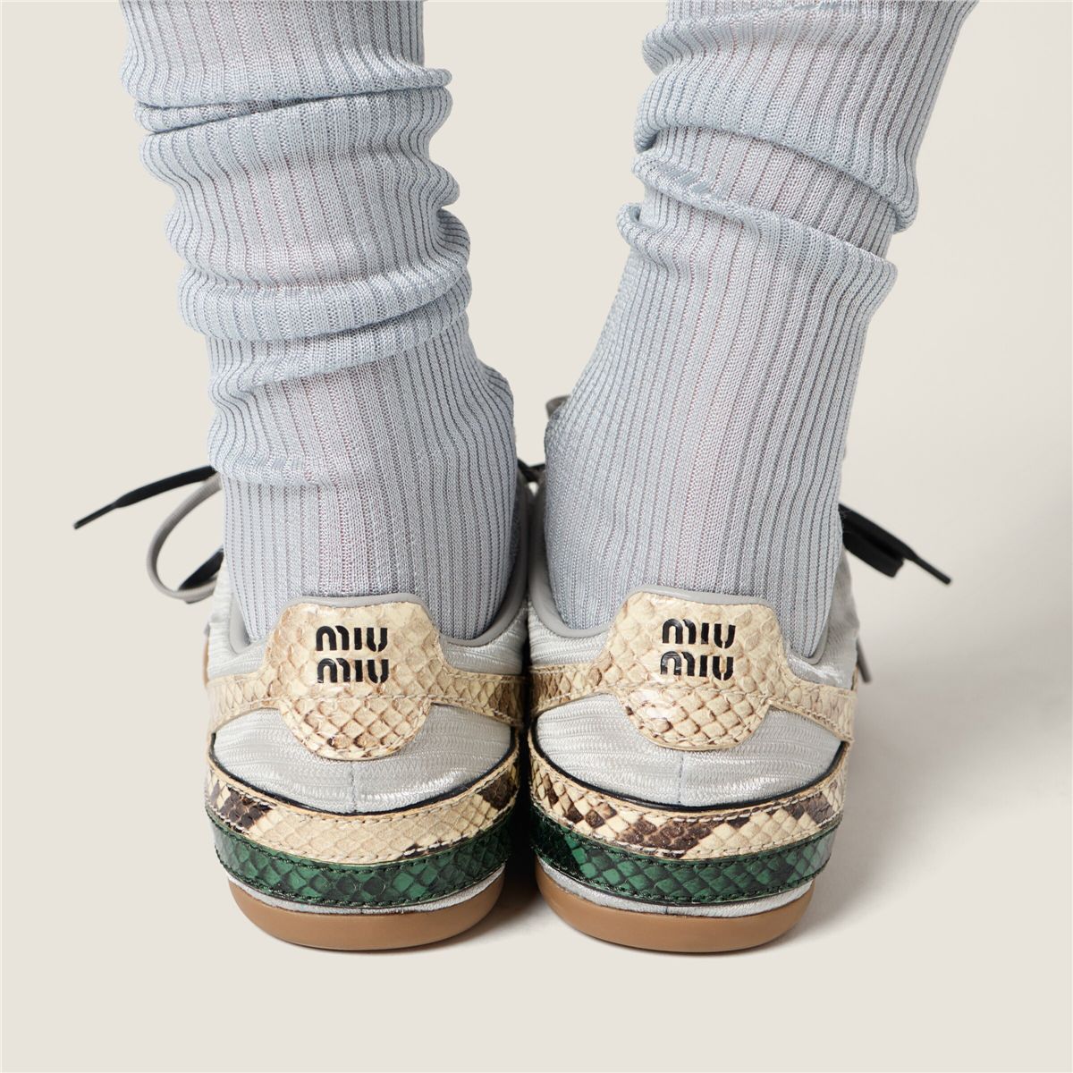 Gymnasium technical fabric and python-print ayers leather sneakers-MIU MIU-Verso