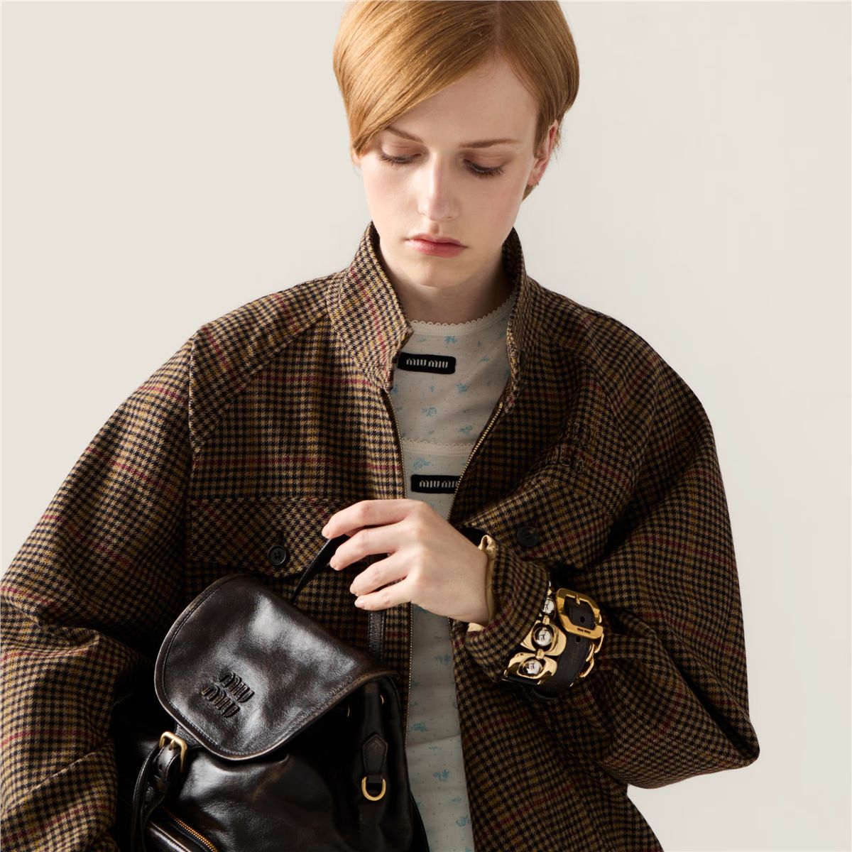 Houndstooth check blouson jacket-MIU MIU-Verso