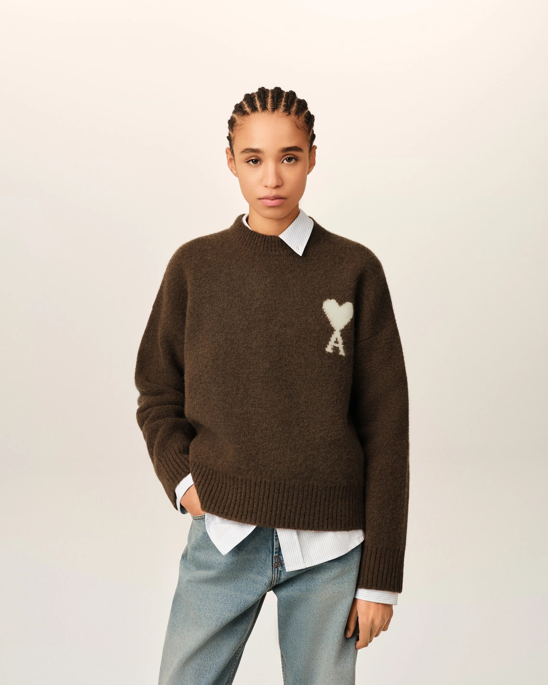 Crewneck alpaca sweater with ami de coeur-AMI-Verso