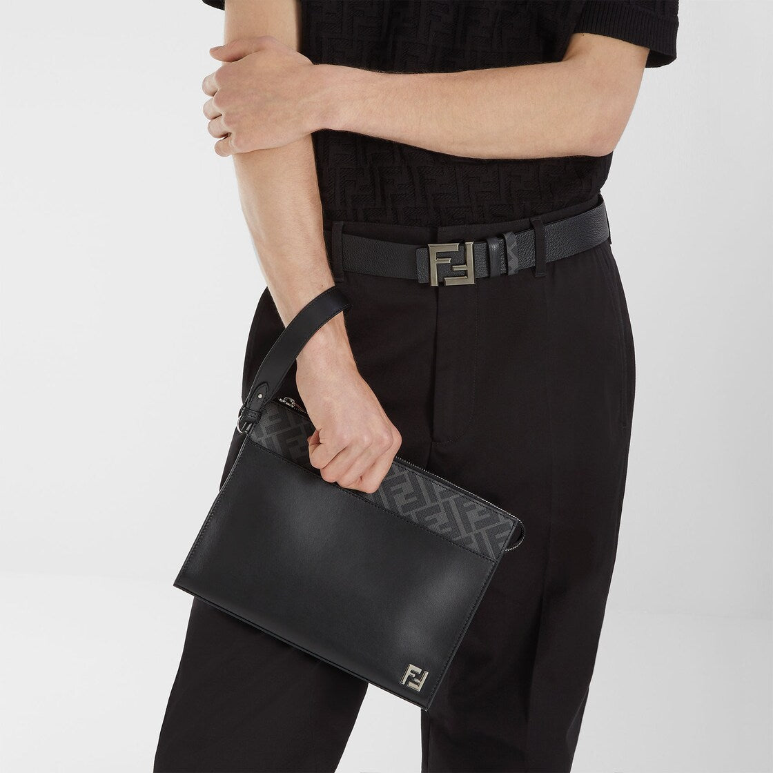 Black leather and black ff canvas pouch
