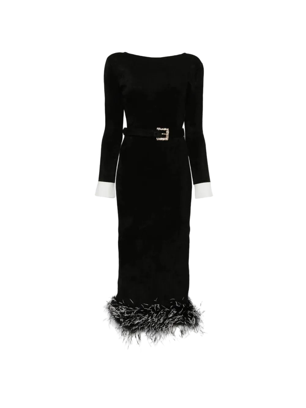 Black chenille knit feather midi dress