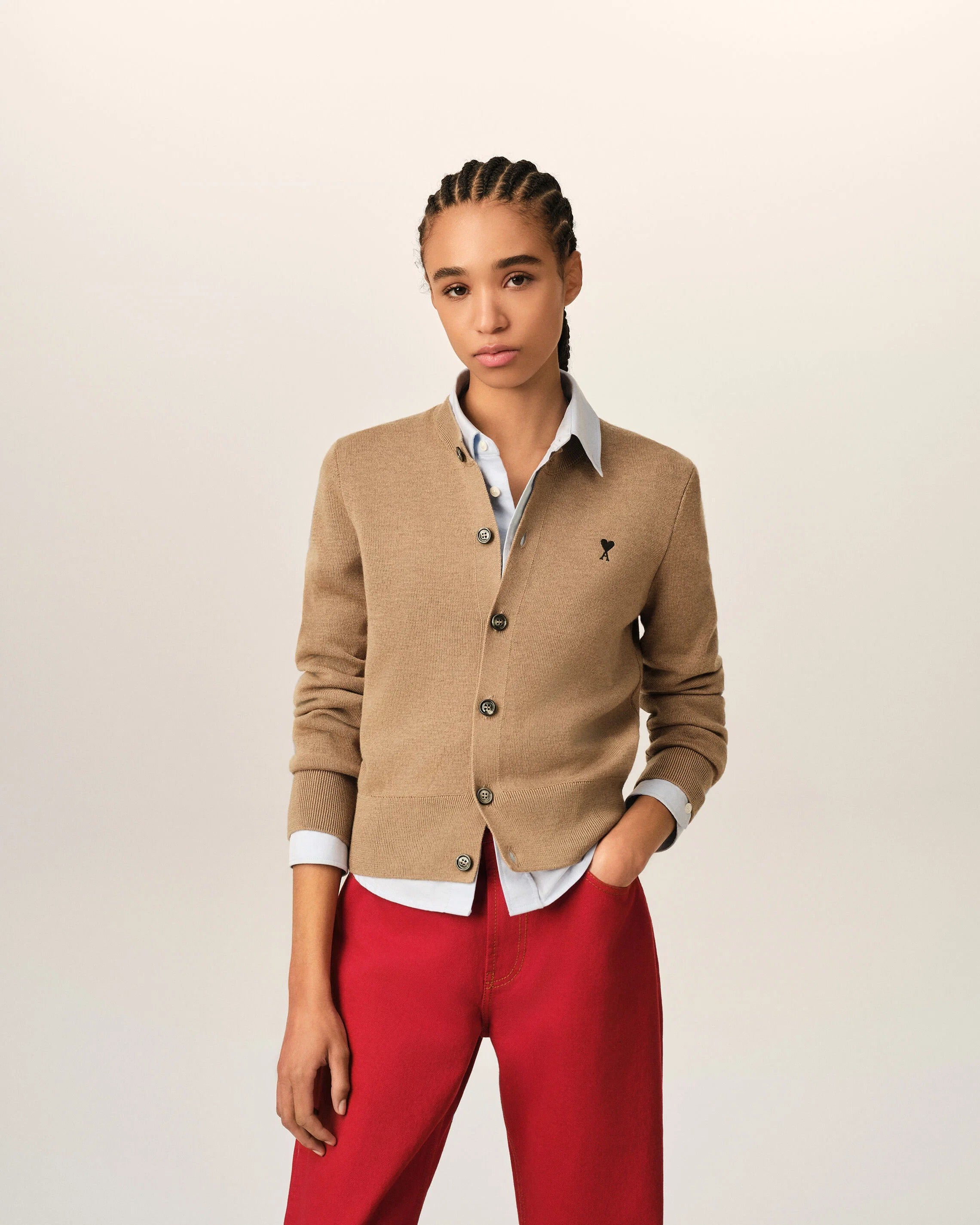 Cardigan in merino wool knit with embroidered ami de coeur-AMI-Verso
