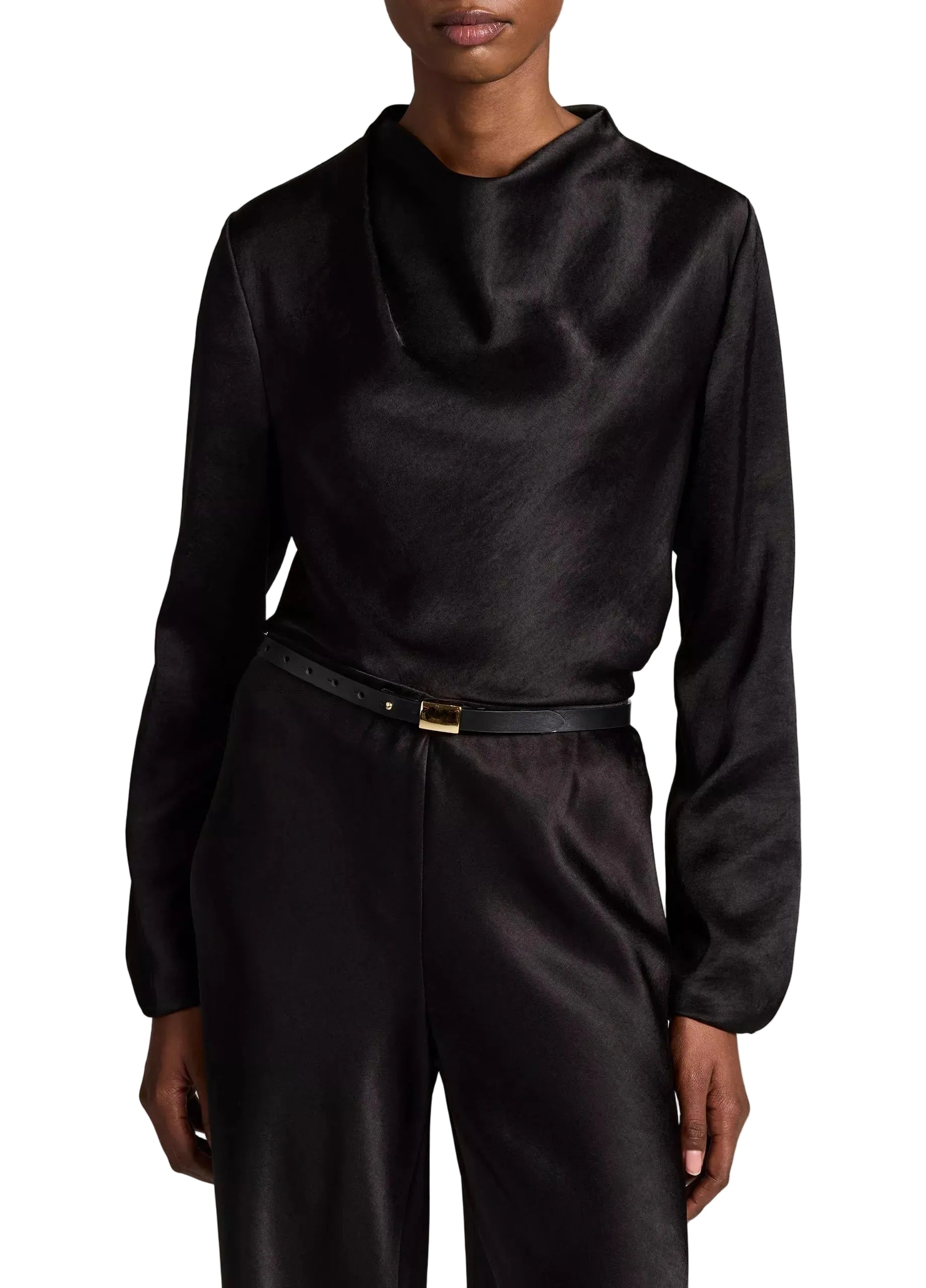 Satin draped cowl-neck long-sleeve top