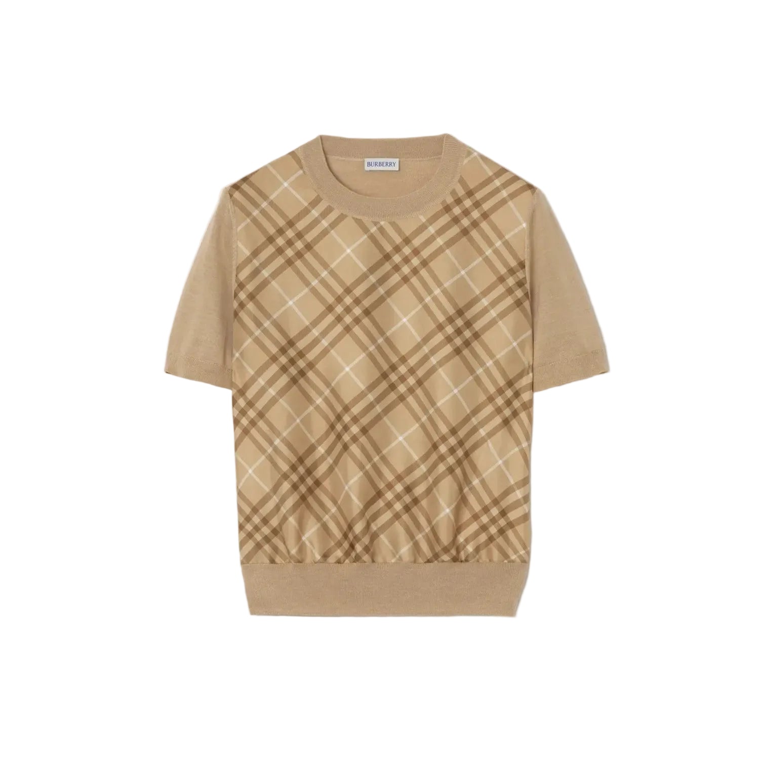Check panel wool silk t-shirt