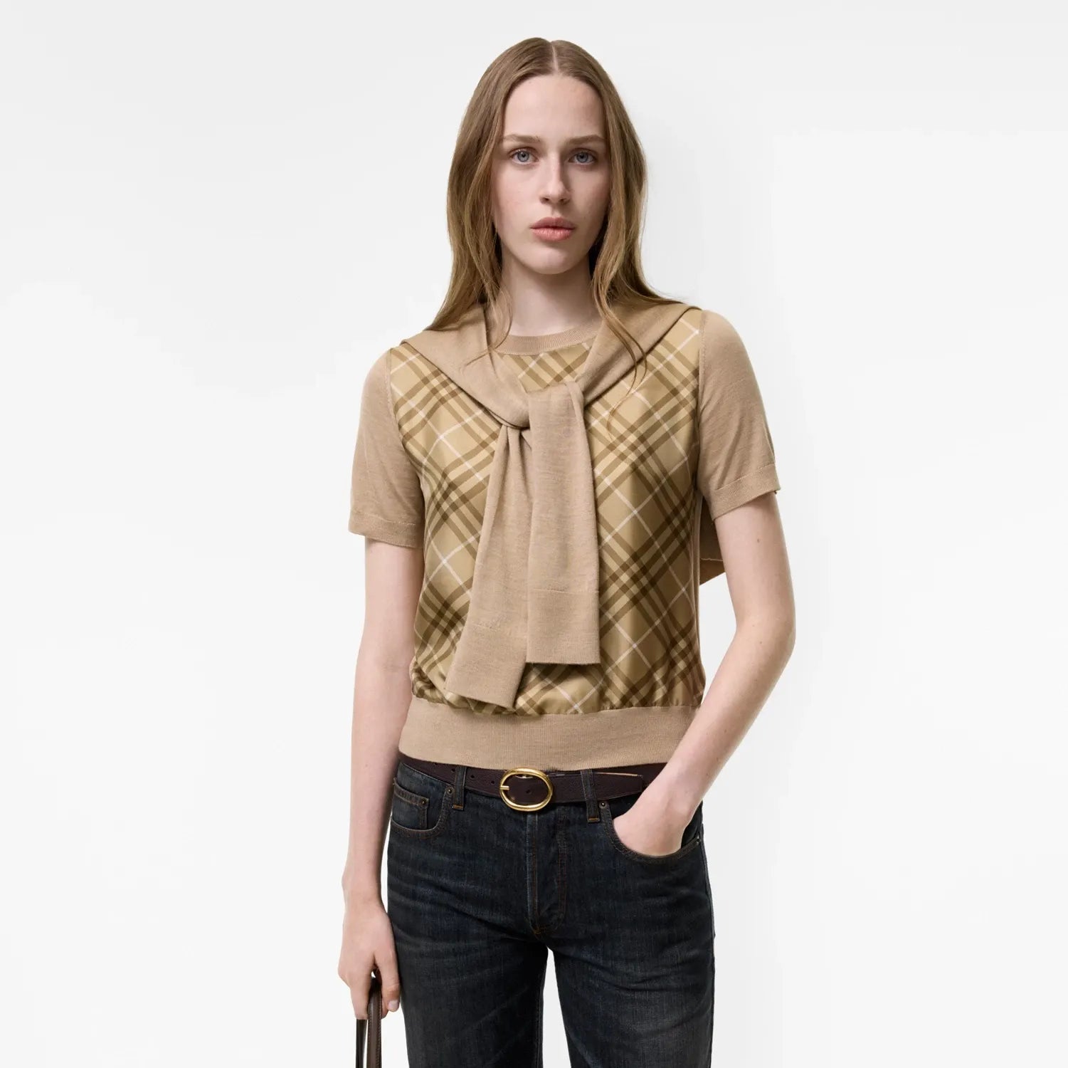 Check panel wool silk t-shirt