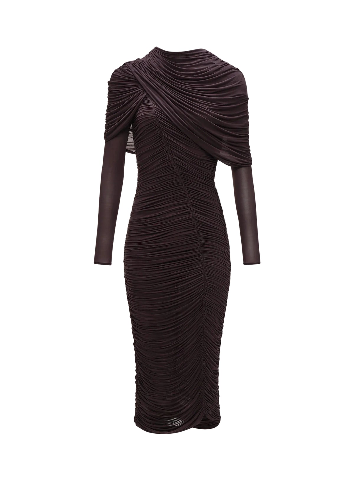 Draped cape midi dress in burgundy