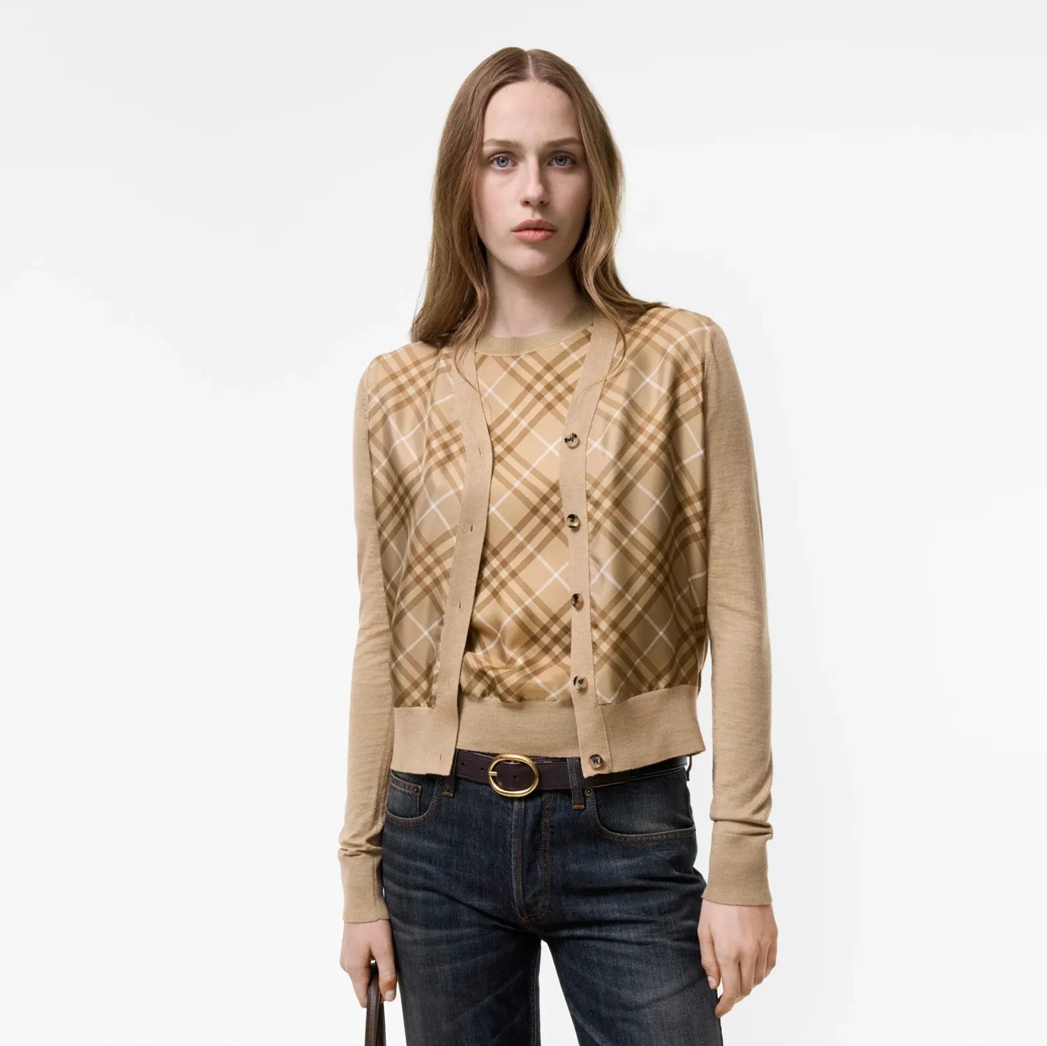 Check panel wool silk cardigan