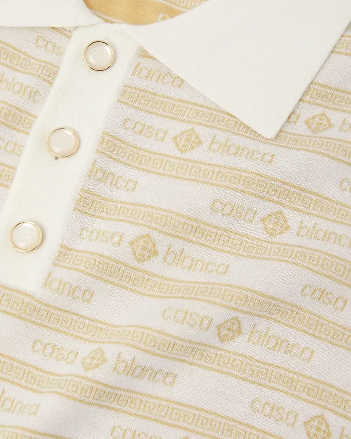 Beige knit logo short sleeve polo shirt