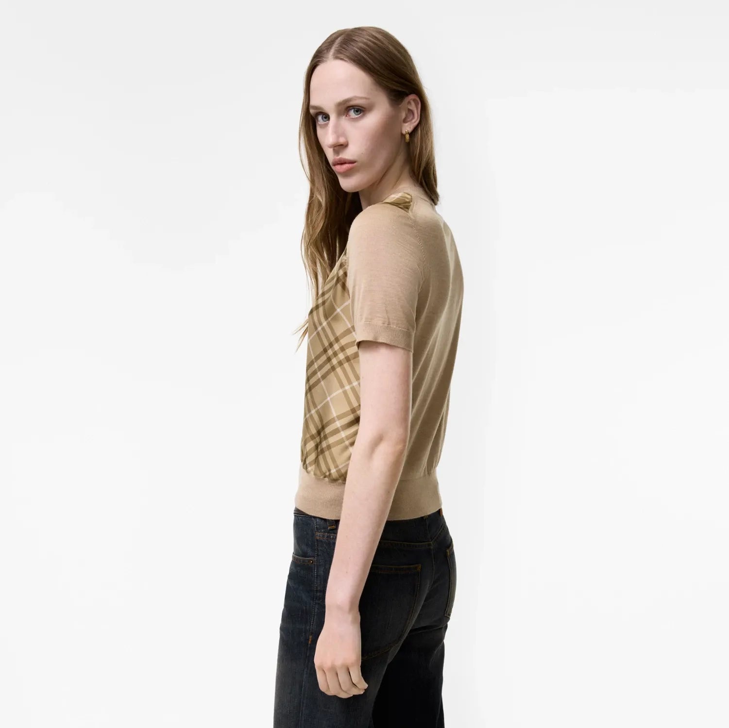 Check panel wool silk t-shirt